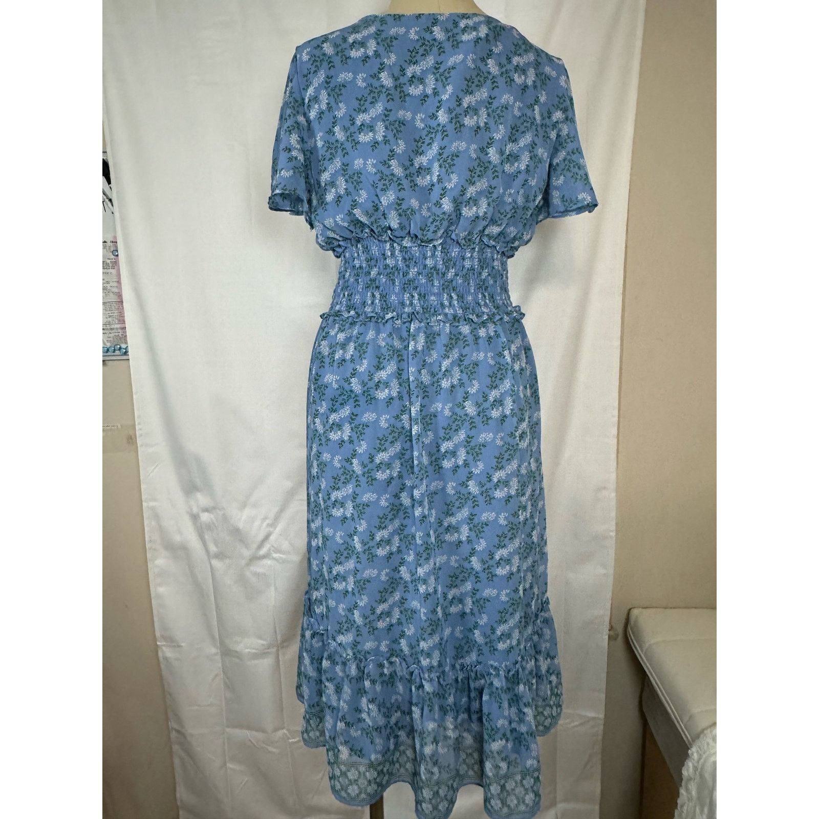 Unknown London Max Studio Floral Midi Short Sleeve Blue Dress V Neck Womens Size M / US 6-8 / IT 42-44 - 2 Thumbnail