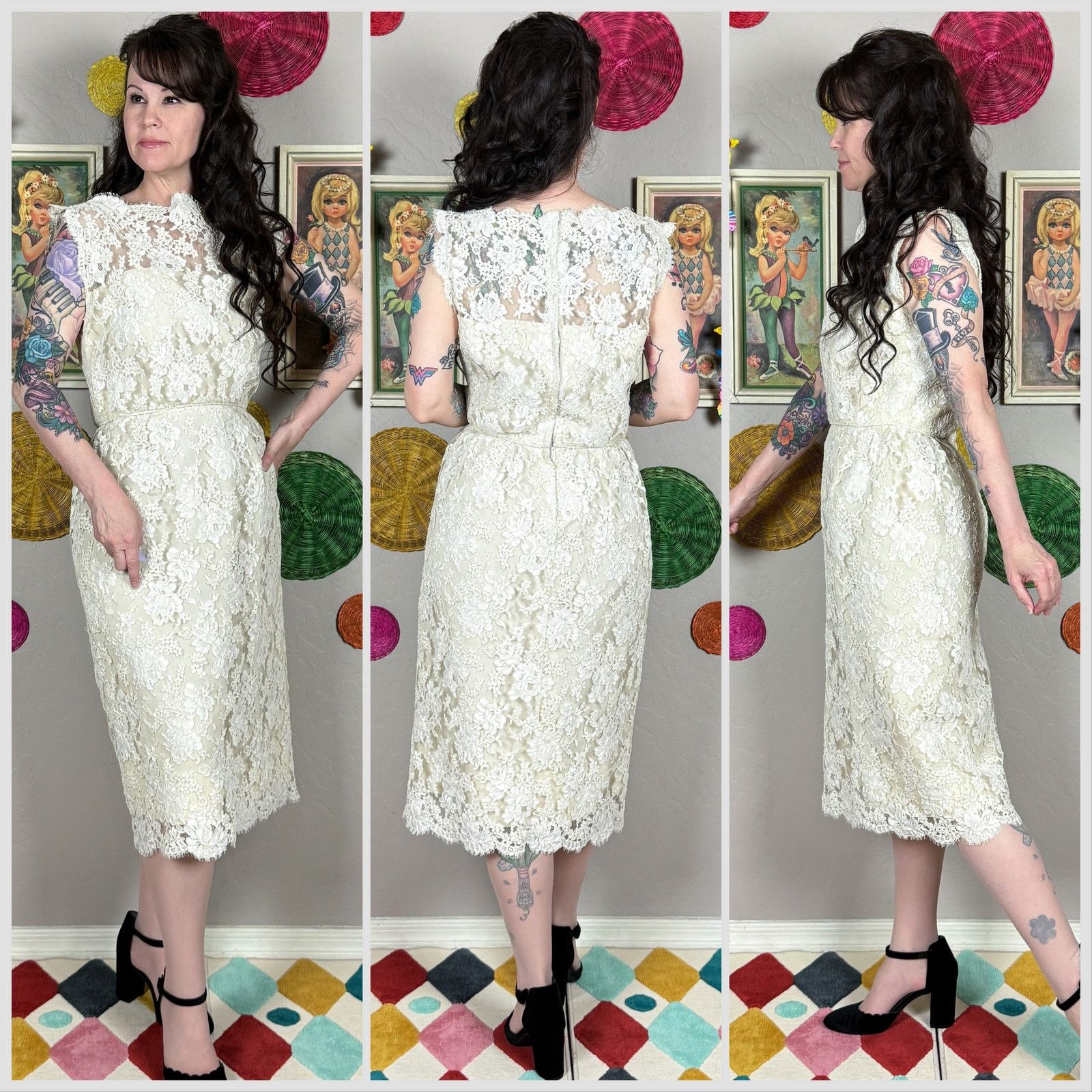 Vintage 1960s Sleeveless Ivory Alencon Lace Illusion Sheath Dress Size S / US 4 / IT 40 - 2 Thumbnail