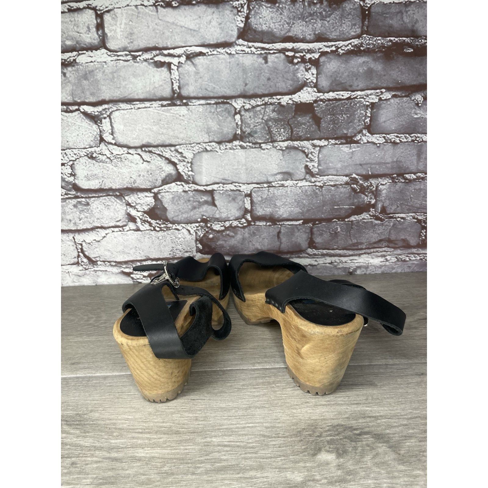 Swedish Hasbeens Swedish Hasbeens Black Leather Wooden Heel Peep Toe Ankle St Size US 7.5 / IT 37.5 - 5 Thumbnail