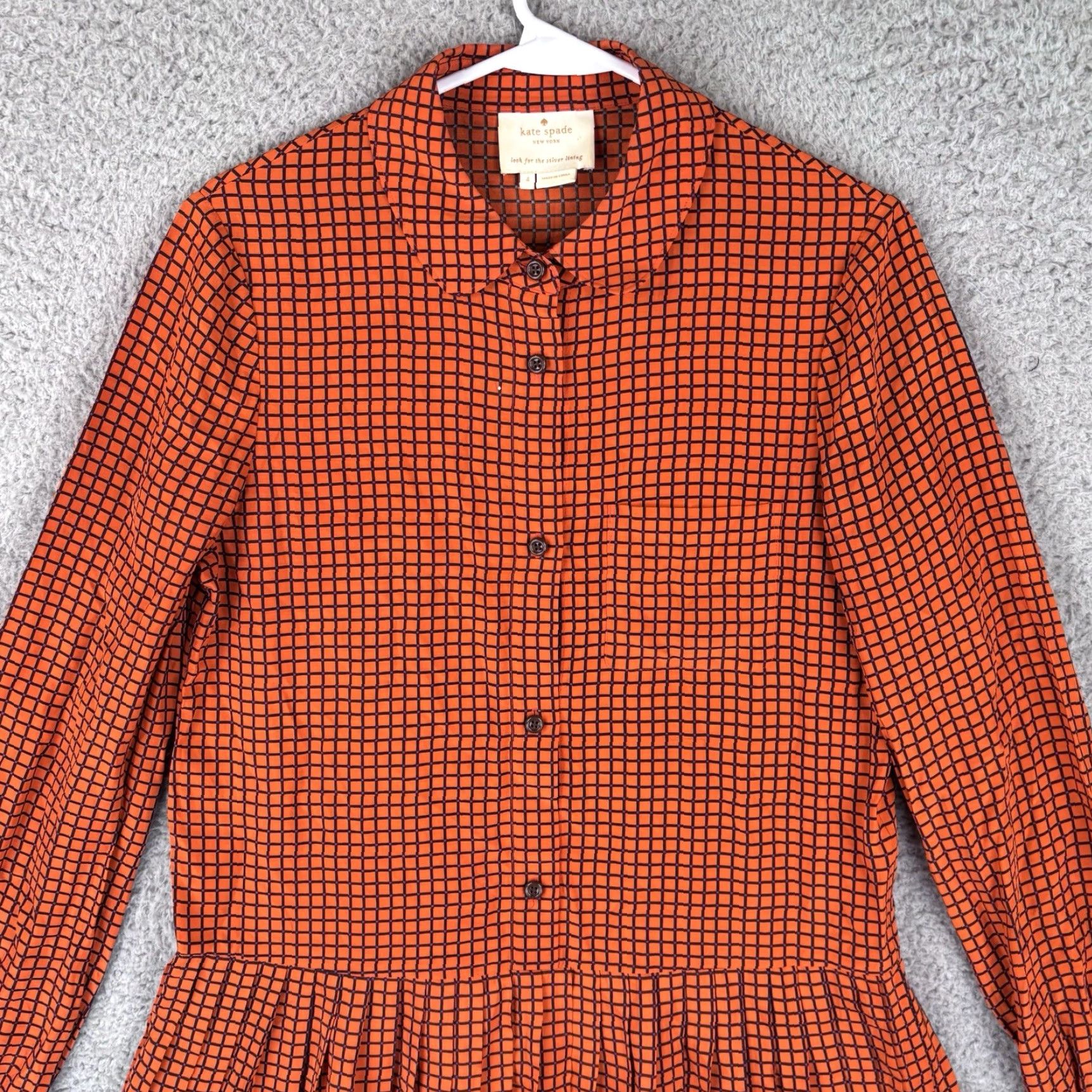 Vintage kate spade new york Checkered Long Sleeve Button Up Pleated Dress Shirt Dress Size 4 Orange Satin Polyester Knee Length Womens Party/Cocktail Size S / US 4 / IT 40 - 2 Thumbnail