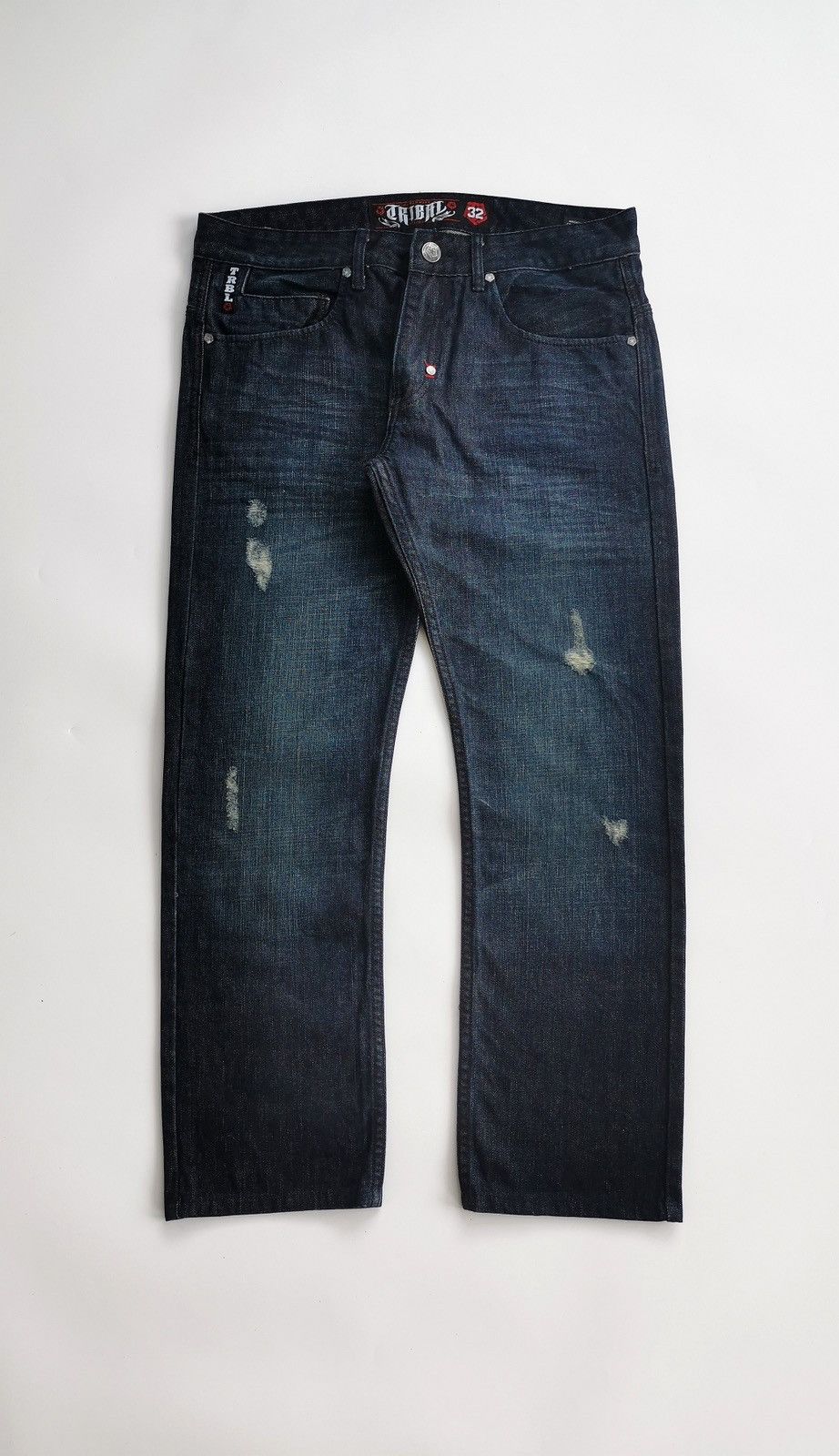 Tribal Streetwear Vintage Tribal Cross Embroidery Dark Blue Denim Jeans Size US 33 - 3 Thumbnail