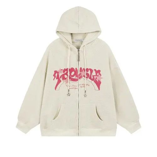 image of Designer American Vintage Y2K Letter Embroidery Hoodies Couple Loose in Beige, Men's (Size Medium)