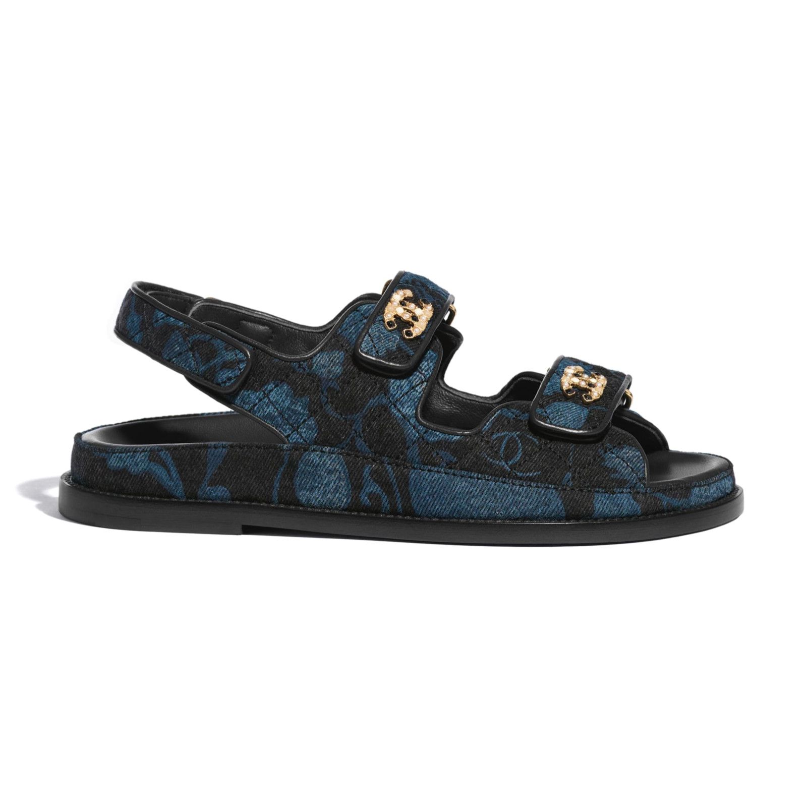 Chanel 21A Blue Black Grey Denim CC Logo Mule Slide Strap