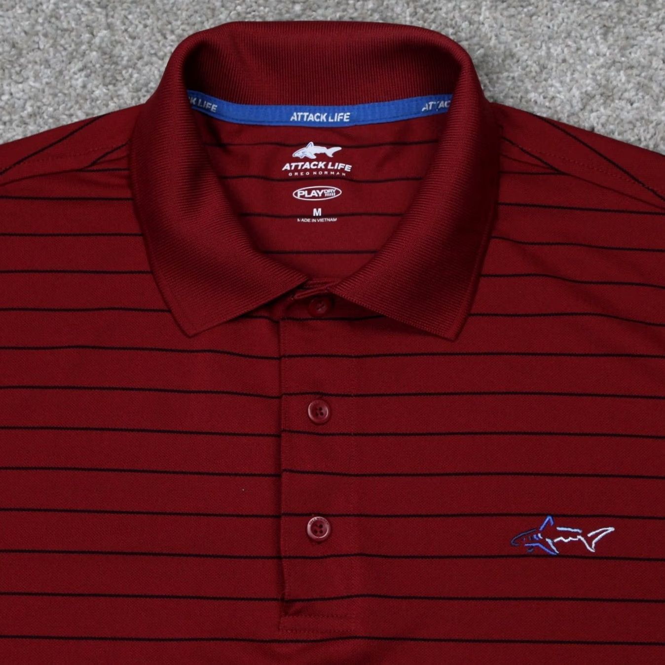 Vintage Greg Norman Attack Life Polo Shirt Mens Medium Red Striped Short Sleeve S/S Playdry Golf Pullover Life/Logo Sleeve Pattern Size US M / EU 48-50 / 2 - 4 Thumbnail