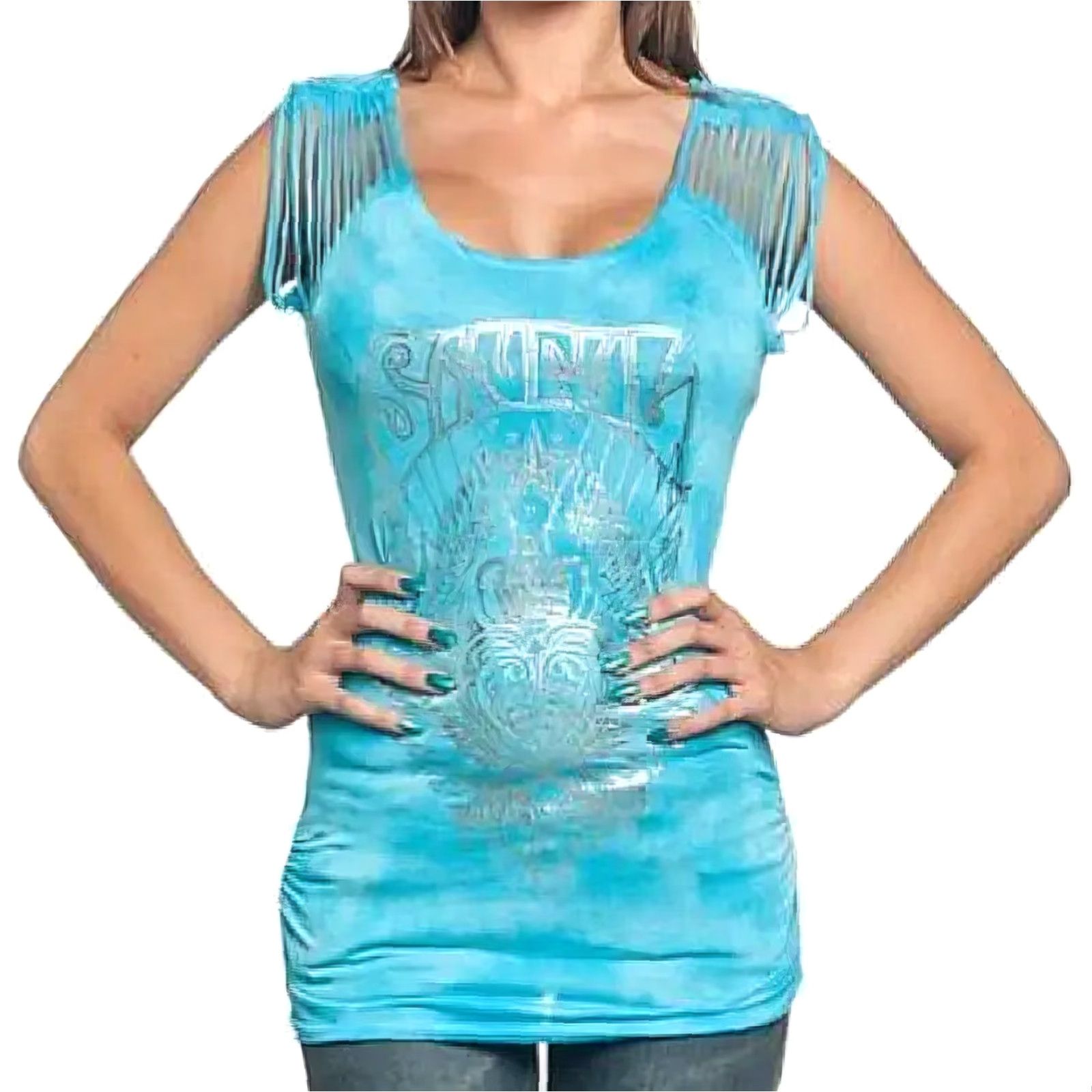 Affliction Sinful By Affliction First Love Women's S Blue Biker Y2K Cyber Grunge Top Shirt Size S / US 4 / IT 40 - 2 Thumbnail