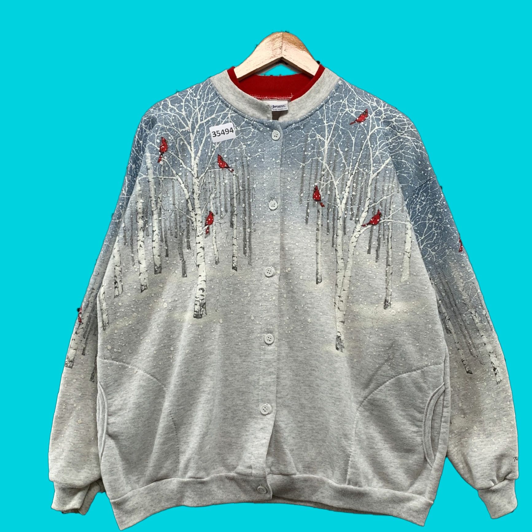 Vintage VINTAGE Artisans Cardigan Sweatshirt Womens Large Cardinal Winter Snow AOP Bird 22.5x26 Size L / US 10 / IT 46 - 1 Thumbnail
