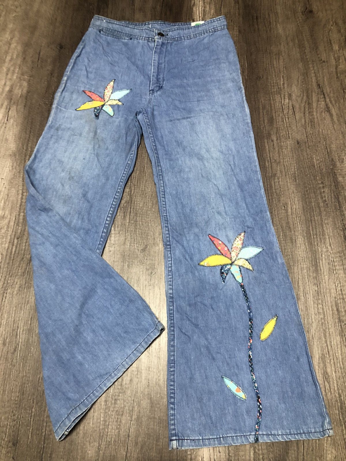 Hysteric Glamour × Vintage Vintage Miss Texwood Flared Jeans Flower Patches Design Size 29" - 2 Thumbnail