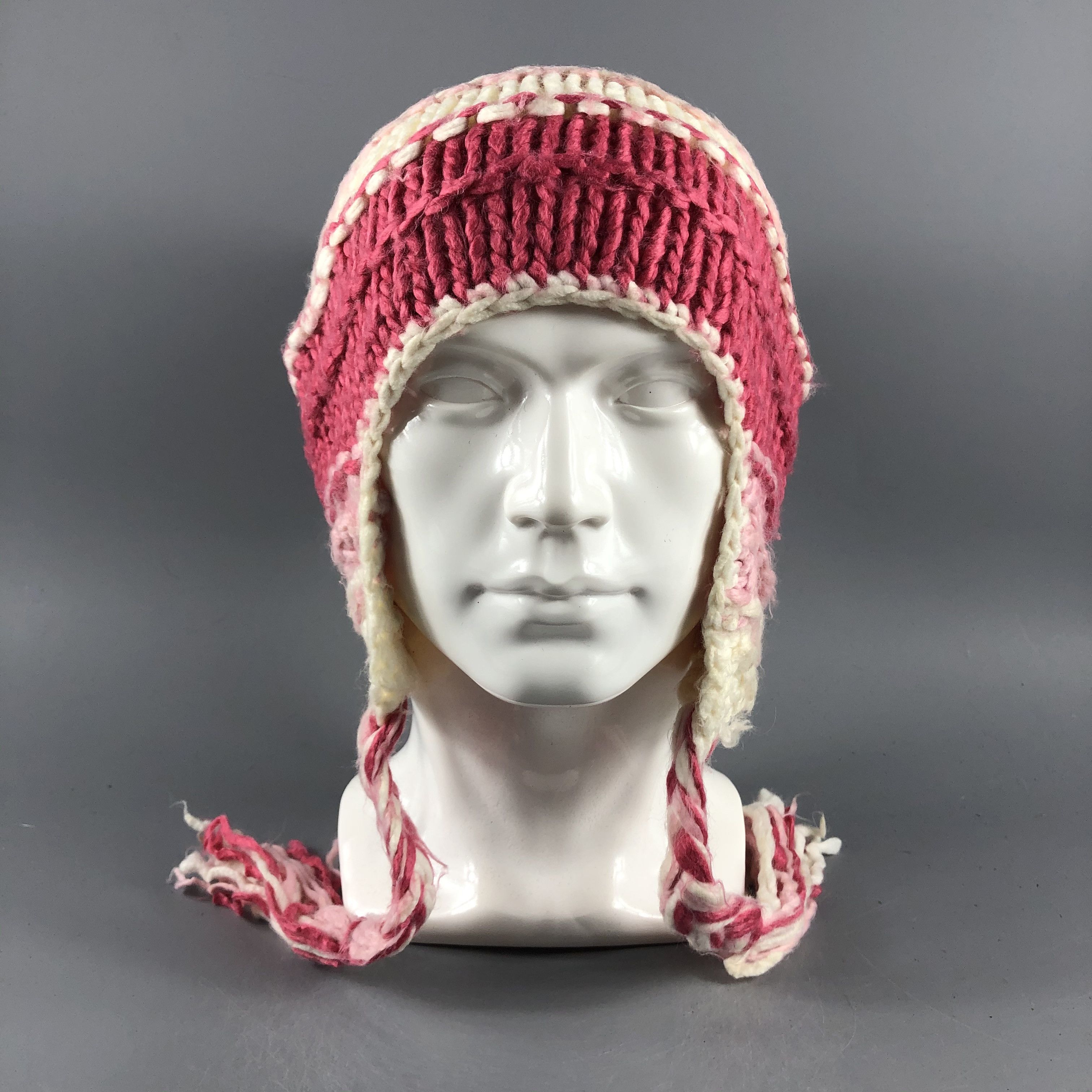 image of Vintage Womens Tricolor Ear Flap Hat Beanie Snow Hat Snow Cap -D408 in Pink