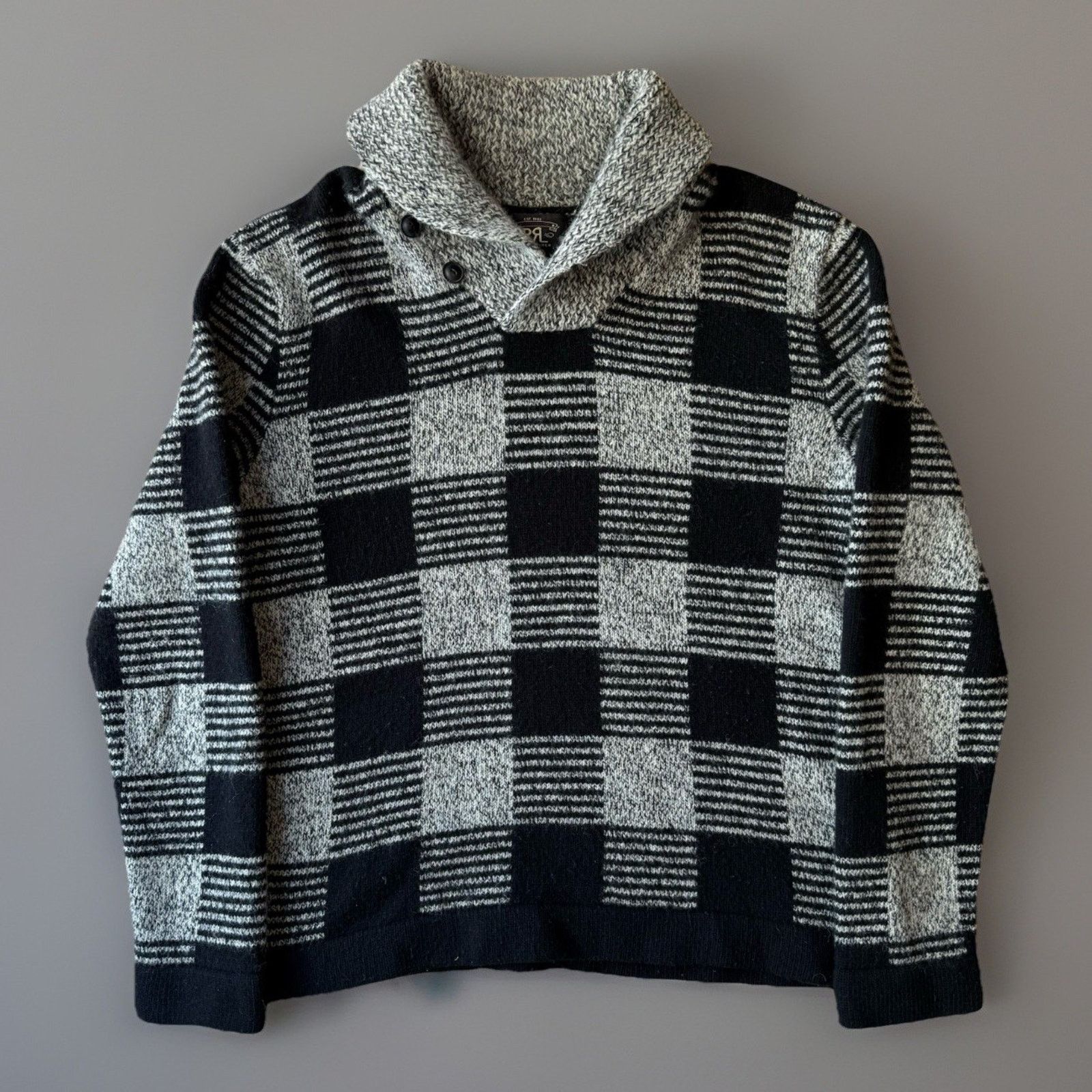 RRL Ralph Lauren RRL Wool Sweater Large Gray Black Check Knit Shawl Collar Size US L / EU 52-54 / 3 - 1 Thumbnail