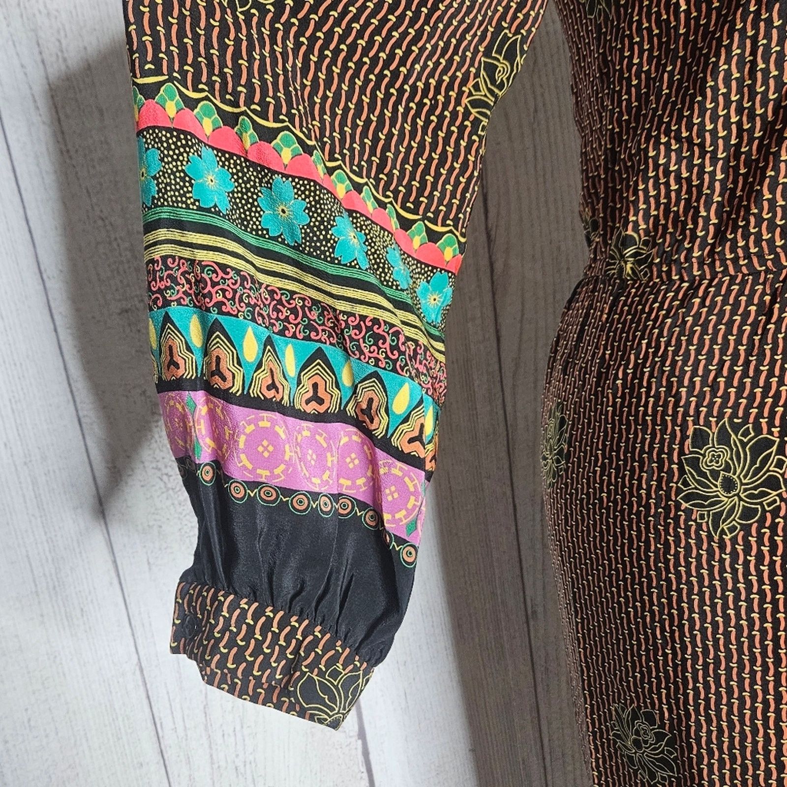 Vintage Vintage 80s Raul Blanco Silk Boho Long Sleeve Midi Dress Size L / US 10 / IT 46 - 4 Thumbnail