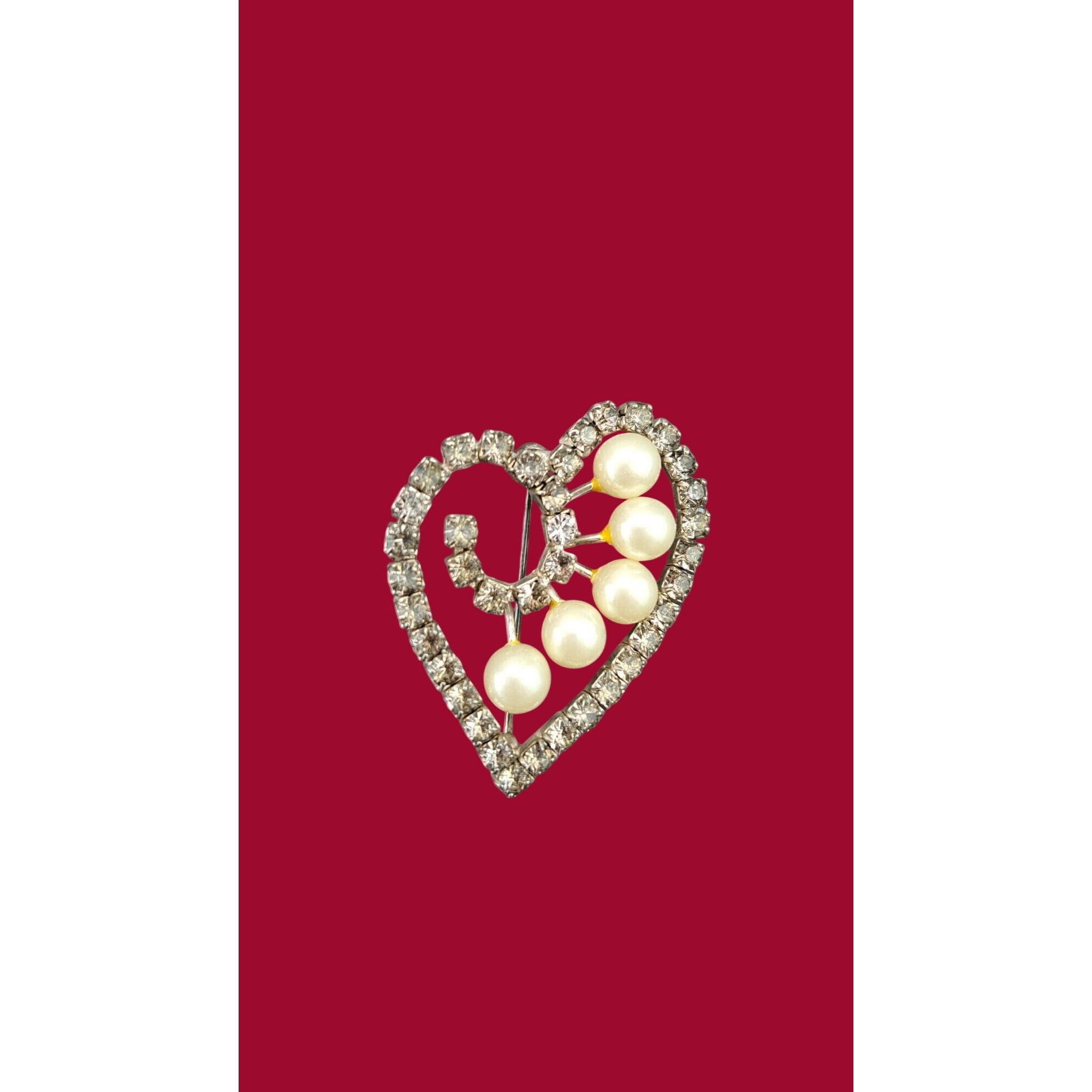 Vintage Vintage Heart-Shaped Rhinestone Faux Pearl Pin Brooch Silver Size ONE SIZE - 2 Thumbnail