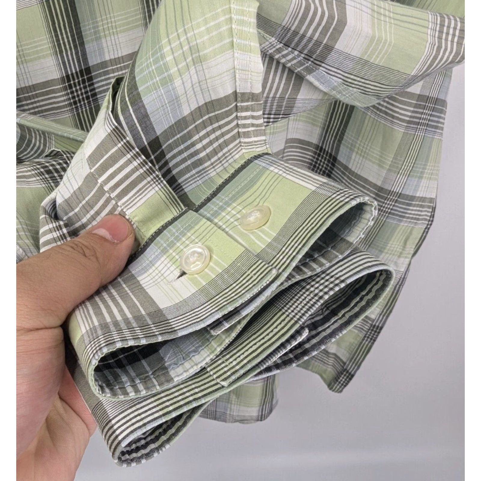 Hugo Boss HUGO BOSS Dress Shirt Slim Fit 16 Green Plaid 100% Cotton Italian Fabric Spread Collar Mens Shirt Size 42R - 3 Thumbnail