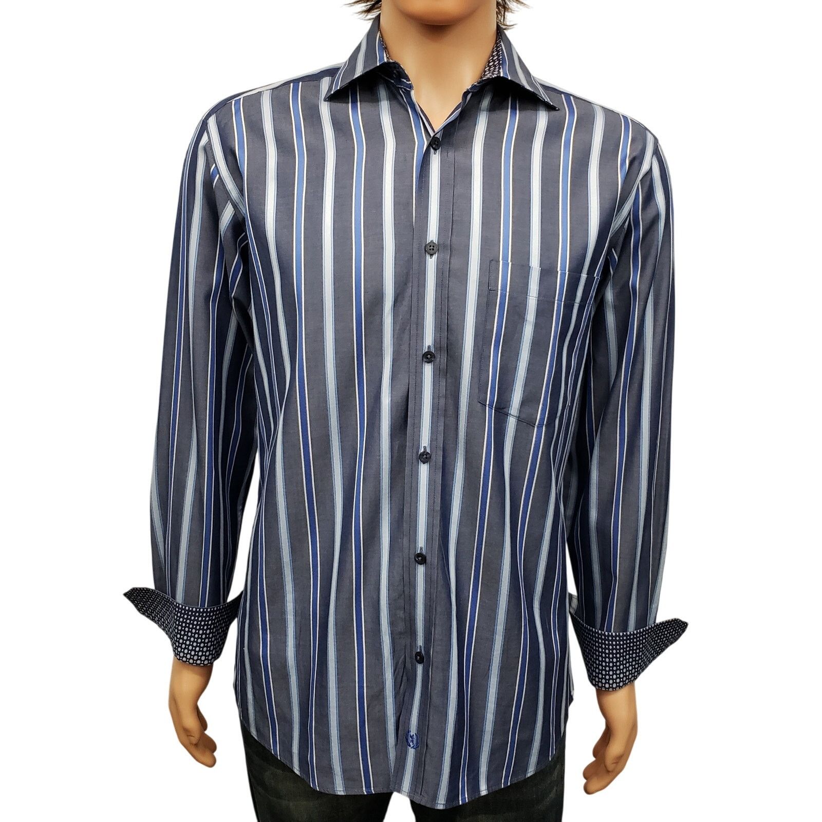 BUGATCHI Bugatchi Uomo Dress Shirt M Striped Contrast Flip Cuff L/S Size US M / EU 48-50 / 2 - 2 Thumbnail