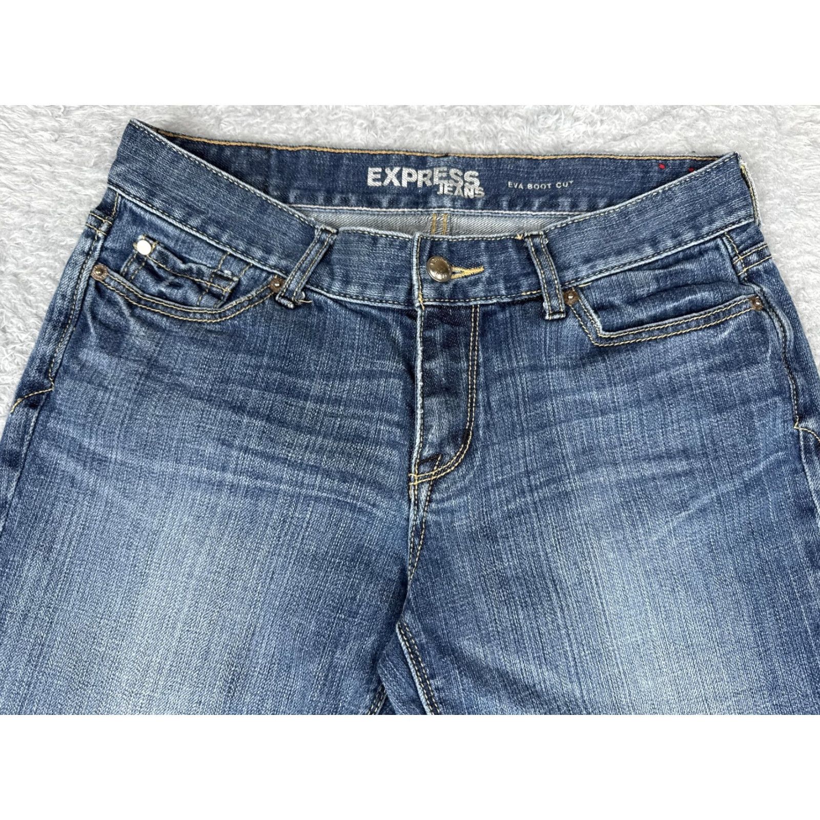 Express Express Eva Boot Cut Jeans Womens 8 Blue Low Rise Stretch Medium Denim 29x31 City Embroidered 5-Pocket Design Size 30" / US 8 / IT 44 - 4 Thumbnail