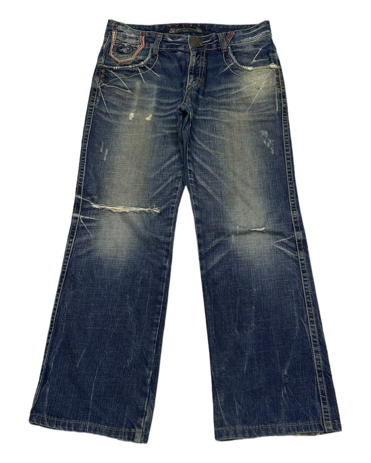 Ed Hardy × Japanese Brand RARE VINTAGE RED PEPPER BAGGY FLARE DISTRESS JEANS Size US 33 - 1 Thumbnail