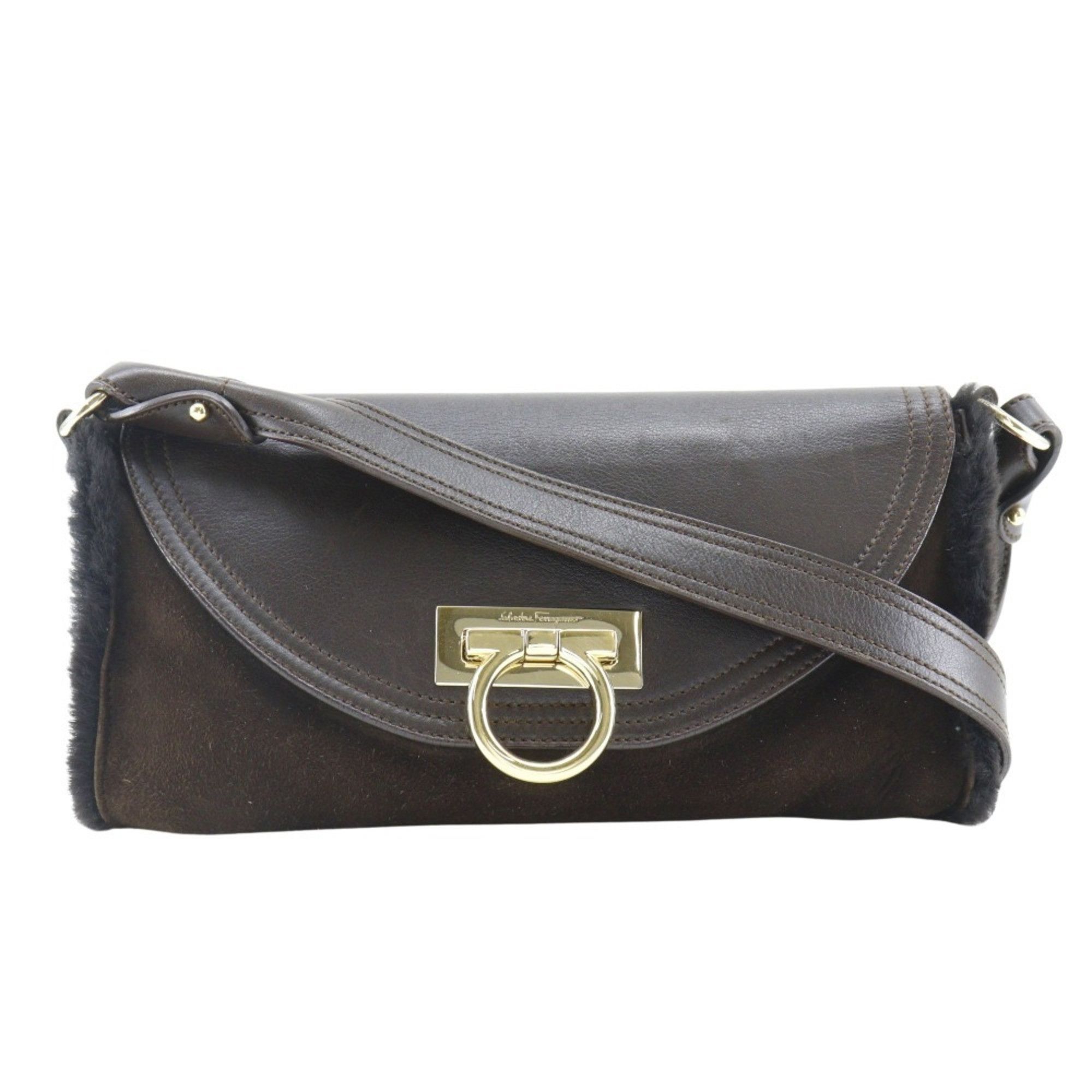 Salvatore Ferragamo Salvatore Ferragamo Gancini Shoulder Bag EZ-21 4887 Mouton Brown Flap Women's Size ONE SIZE - 1 Thumbnail