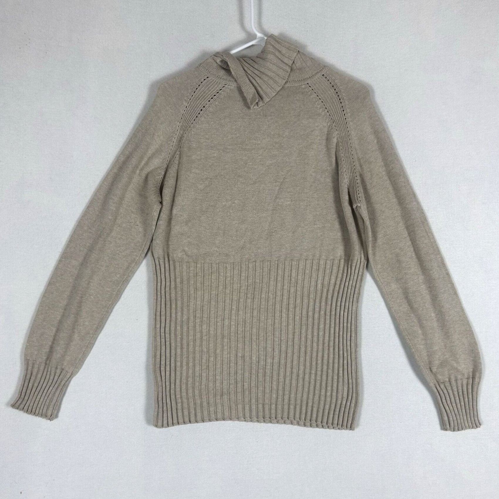 Liz Claiborne Axcess Womens XL Beige Knit Sweater Asymmetrical Button Collar Mock Ribbed Detail Knit Pullover Casual Business Travel Mens Womens Size XL / US 12-14 / IT 48-50 - 7 Thumbnail