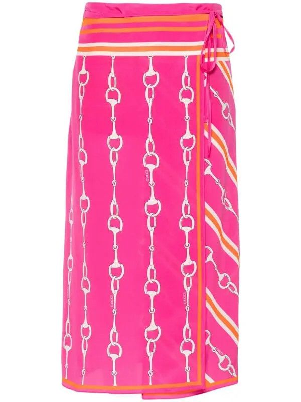 Gucci o1la5ras0526 Gucci Horsebit Stripe Print Silk Skirt in Pink Size 27" / US 4 / IT 40 - 2 Thumbnail
