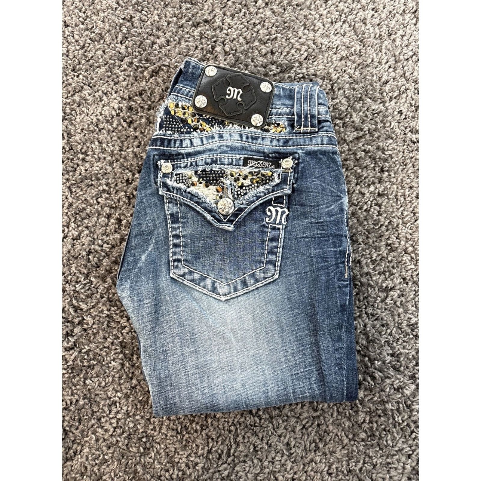 Miss Me VINTAGE Miss Me Jeans Low Rise Skinny 29x31 Bejeweled Rhinestone Blue Womens Girls Pants 2000s Y2K Skinny Jeans Size 29" - 2 Thumbnail
