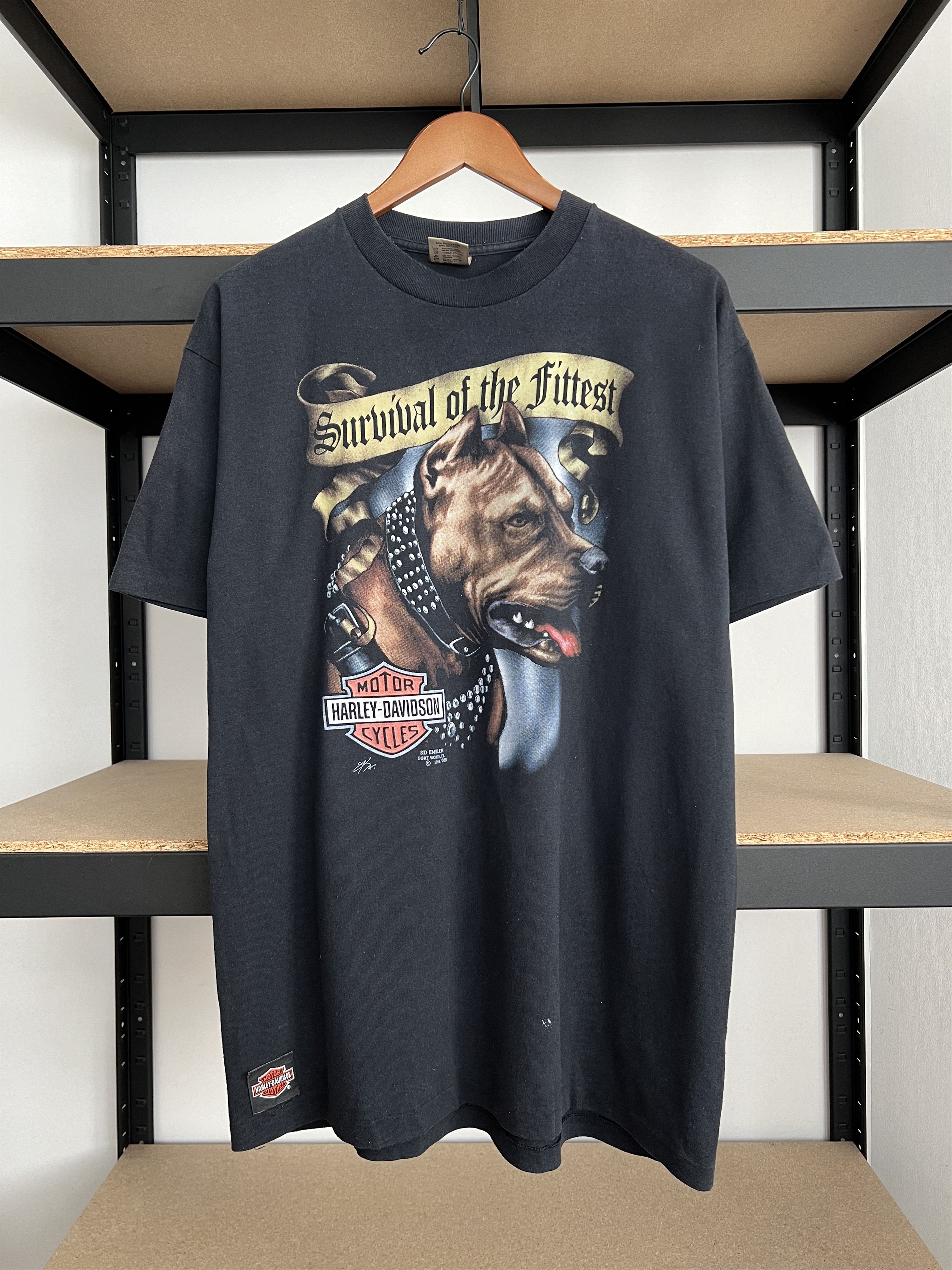 Harley Davidson Vintage 1991 3D Emblem Survival Of The Fittest Harley Tshirt Size US XL / EU 56 / 4 - 1 Thumbnail