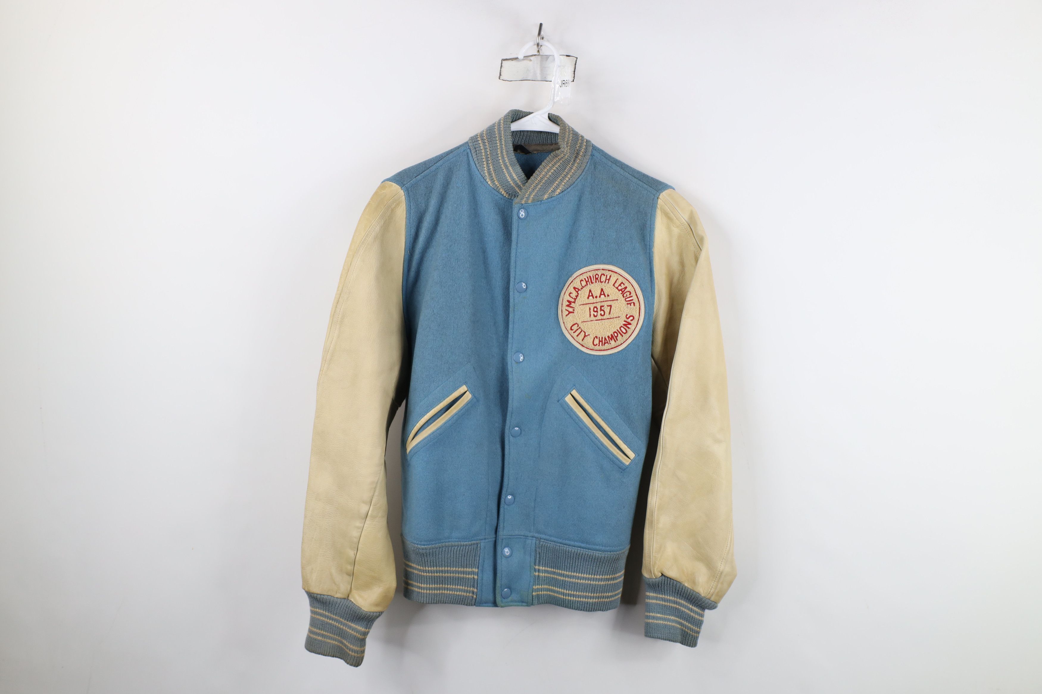 Vintage Vintage 50s Wool Leather Chain Stitch Varsity Jacket USA Size US L / EU 52-54 / 3 - 1 Thumbnail
