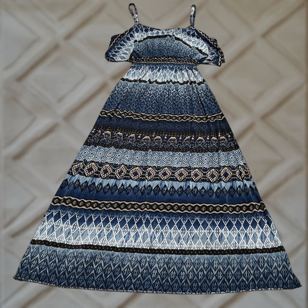 Vintage West Loop Maxi Dress Women M Blue Cold Shoulder Geometric Aztec Casual Knit Polyester Spandex Size M / US 6-8 / IT 42-44 - 1 Thumbnail