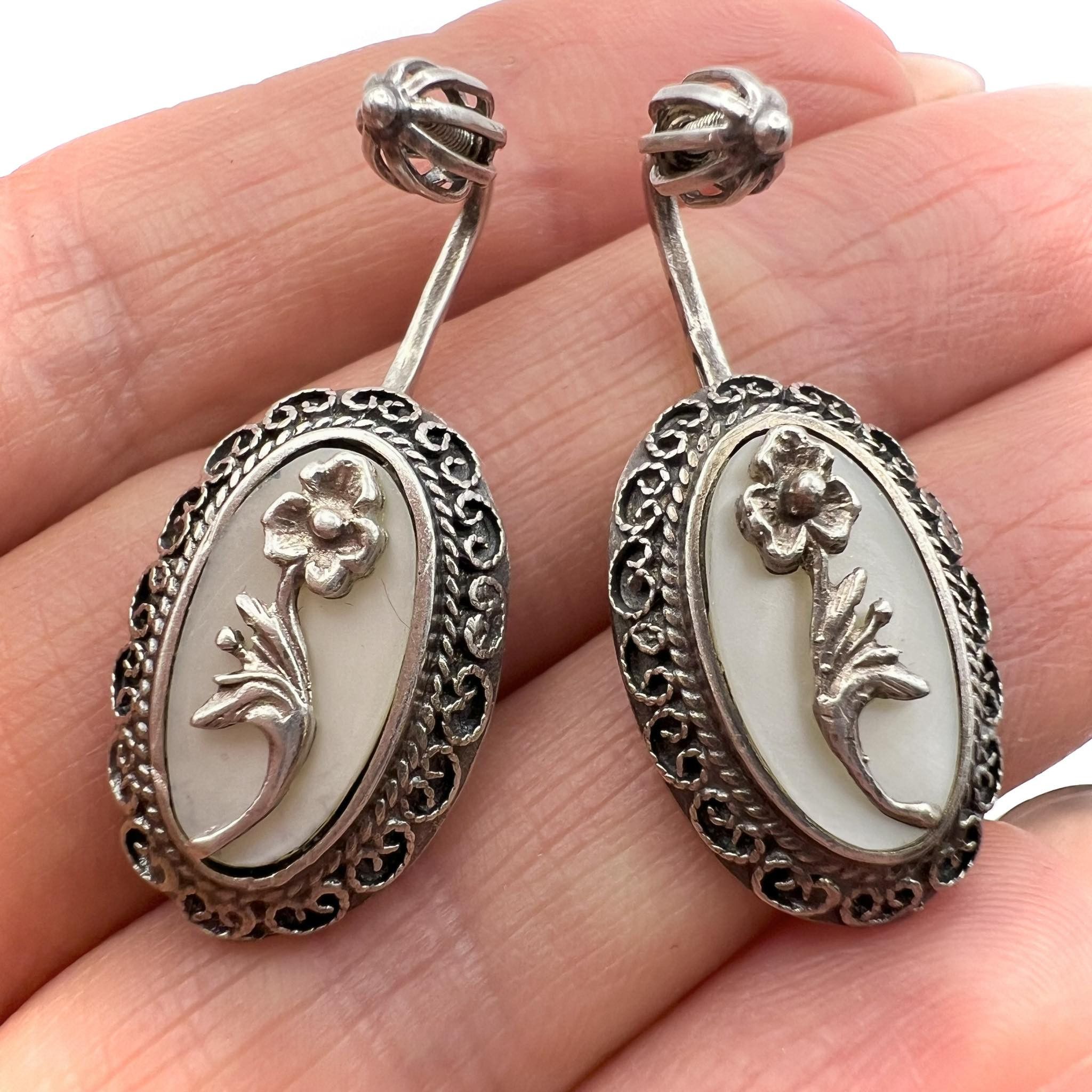 Jewelry Vintage USSR Silver 875 stud Earrings Cameo Flower Signed Size ONE SIZE - 4 Thumbnail
