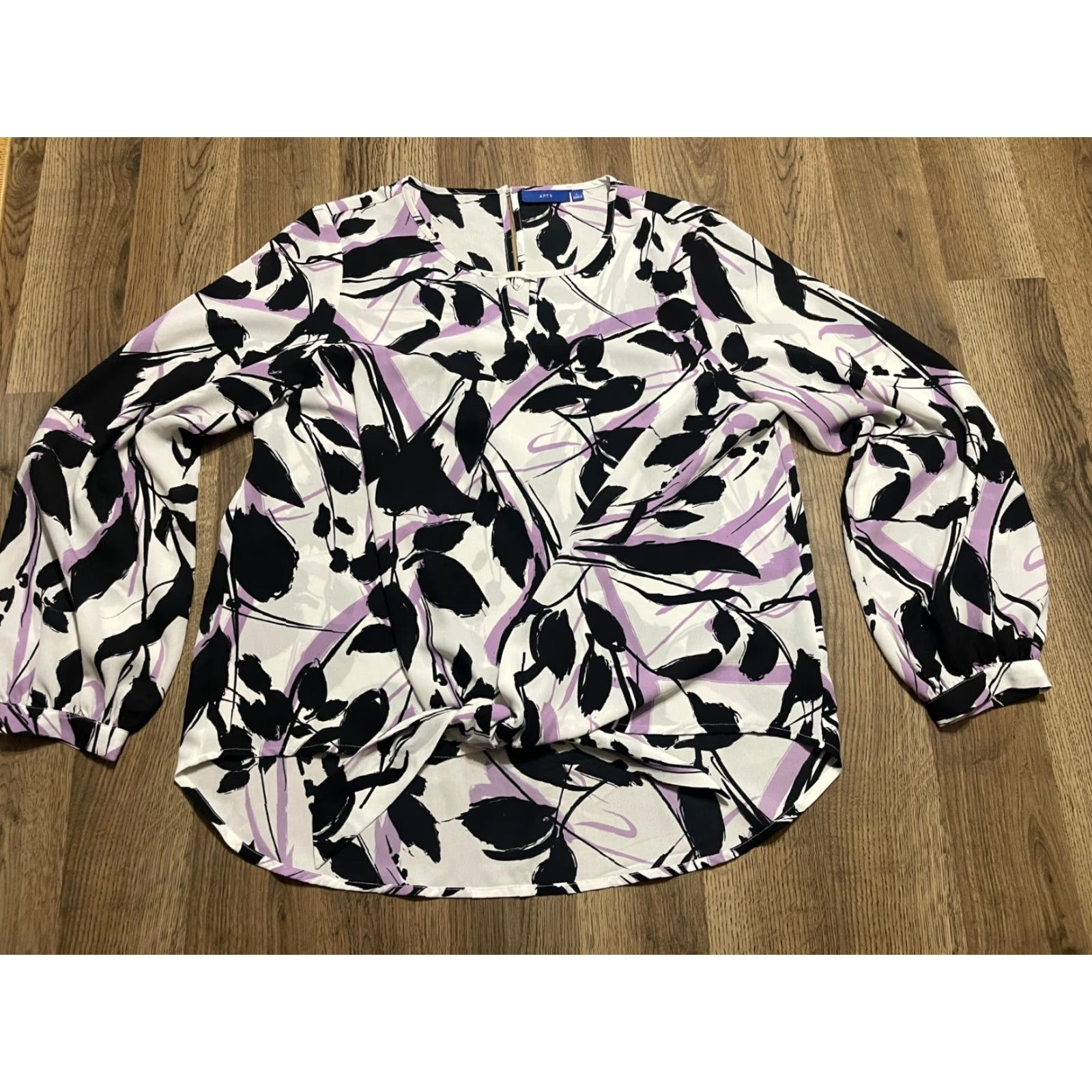 Apt. 9 Apt.9 Shirt Women's L Black White Purple Floral Print Long Sleeve Size L / US 10 / IT 46 - 2 Thumbnail
