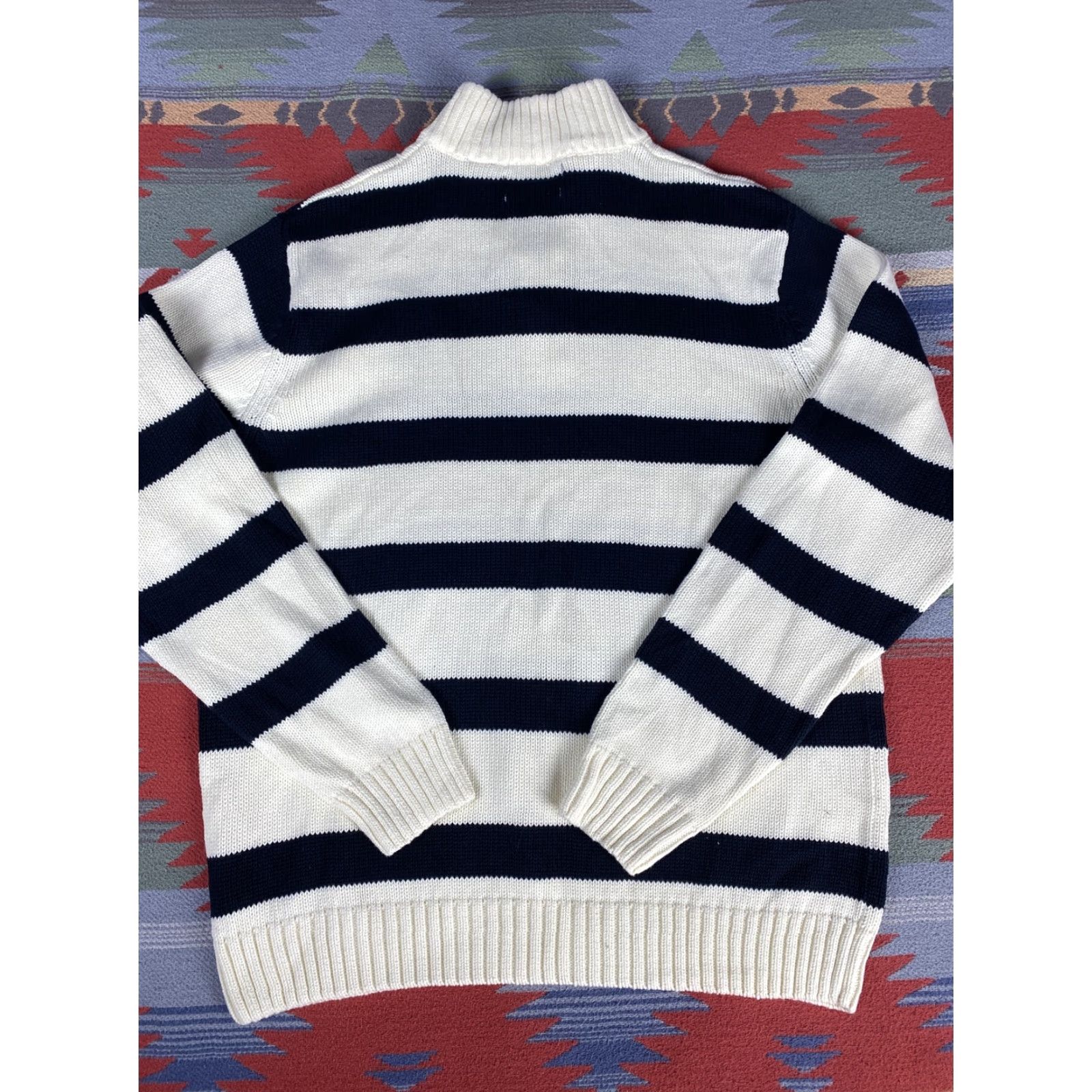 Chaps Chaps Ralph Lauren Sweater 1/4 Zip Knit Mens Striped Blue White L Men Size US L / EU 52-54 / 3 - 3 Thumbnail