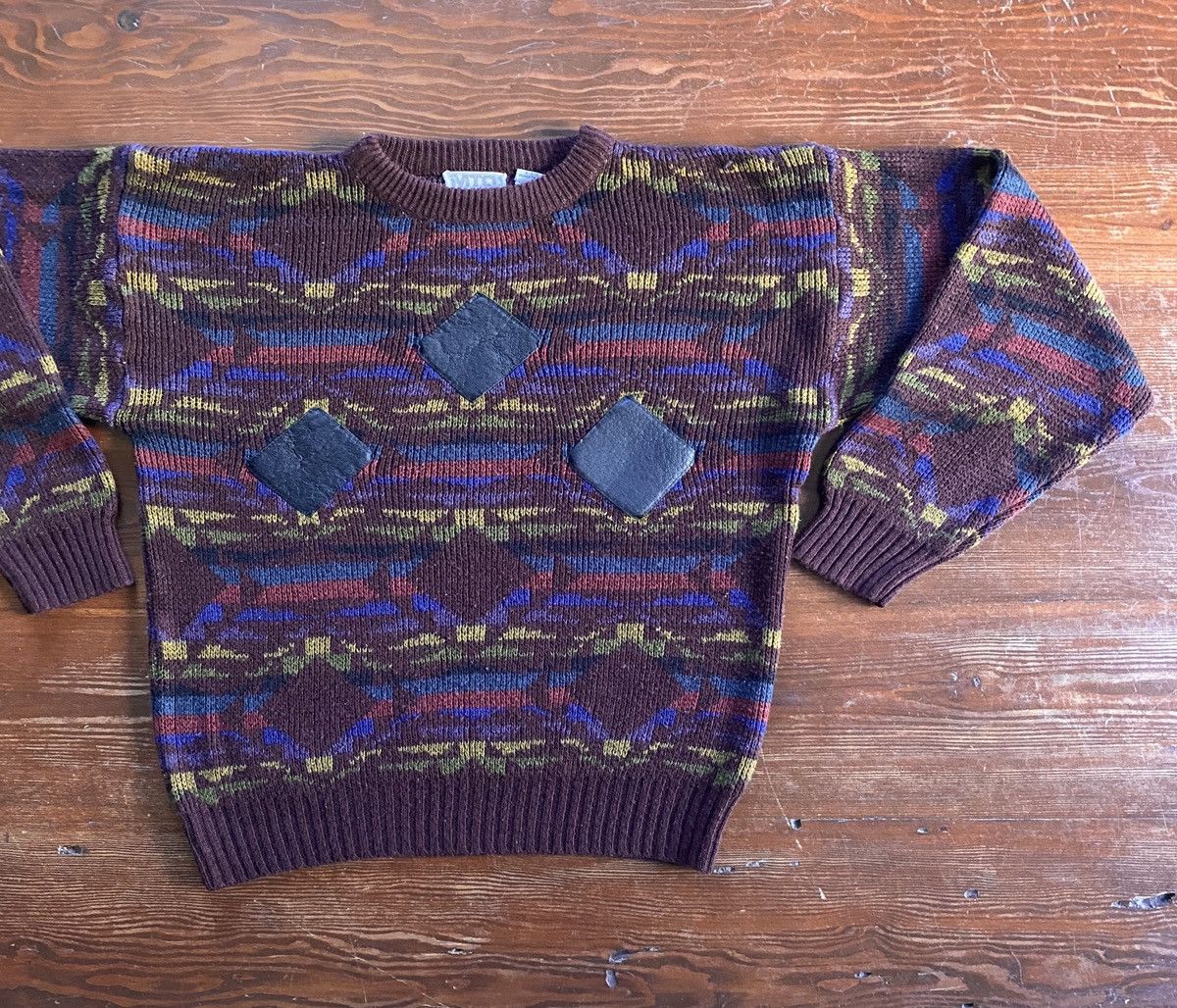 Vintage Vintage 80’s MTO Patterned Leather Patch Knit Sweater Size US L / EU 52-54 / 3 - 1 Thumbnail
