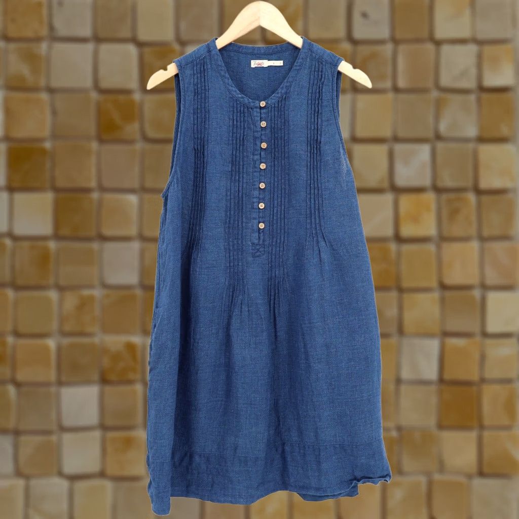 Faherty Faherty Dress Indigo Blue 100% Linen Sleeveless Mini L Bohemian Pockets Shirt Dress Womens Short Size L / US 10 / IT 46 - 1 Thumbnail