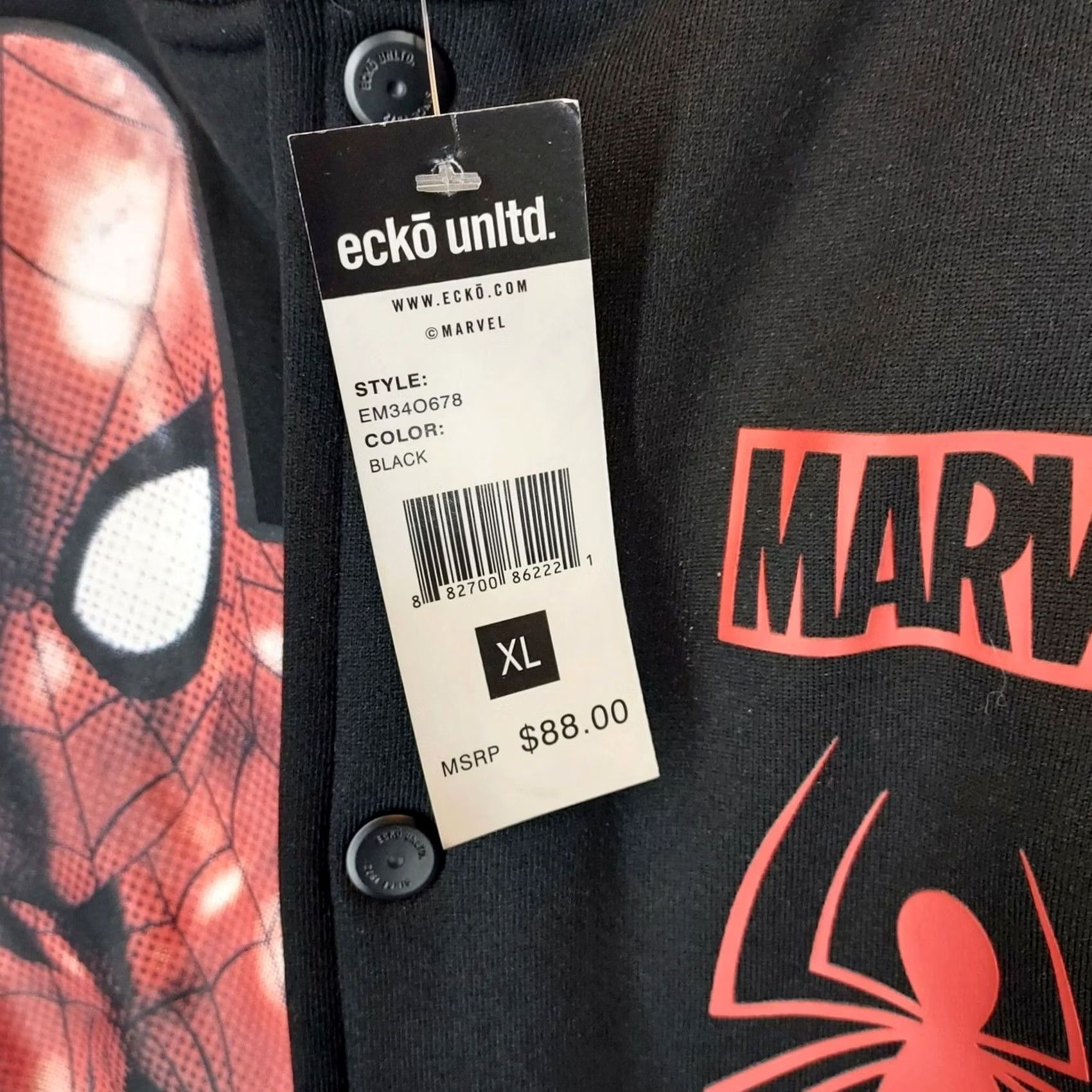 Ecko Unltd. Ecko Unltd Marvel Spider-Man Varsity Bomber Jacket Men’s XL Black NWT Logo Button Mid-Length Polyester Fleece Jacket Size US XL / EU 56 / 4 - 7 Thumbnail