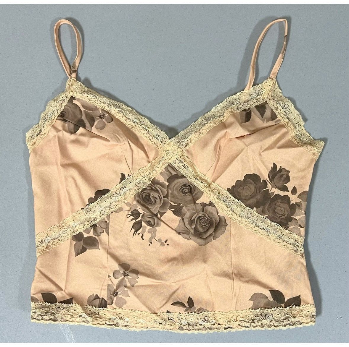 Vintage Beige Satin Silk Floral Lace Tank Top Shirt Blouse Size M 🤎✨ Size M / US 6-8 / IT 42-44 - 1 Thumbnail