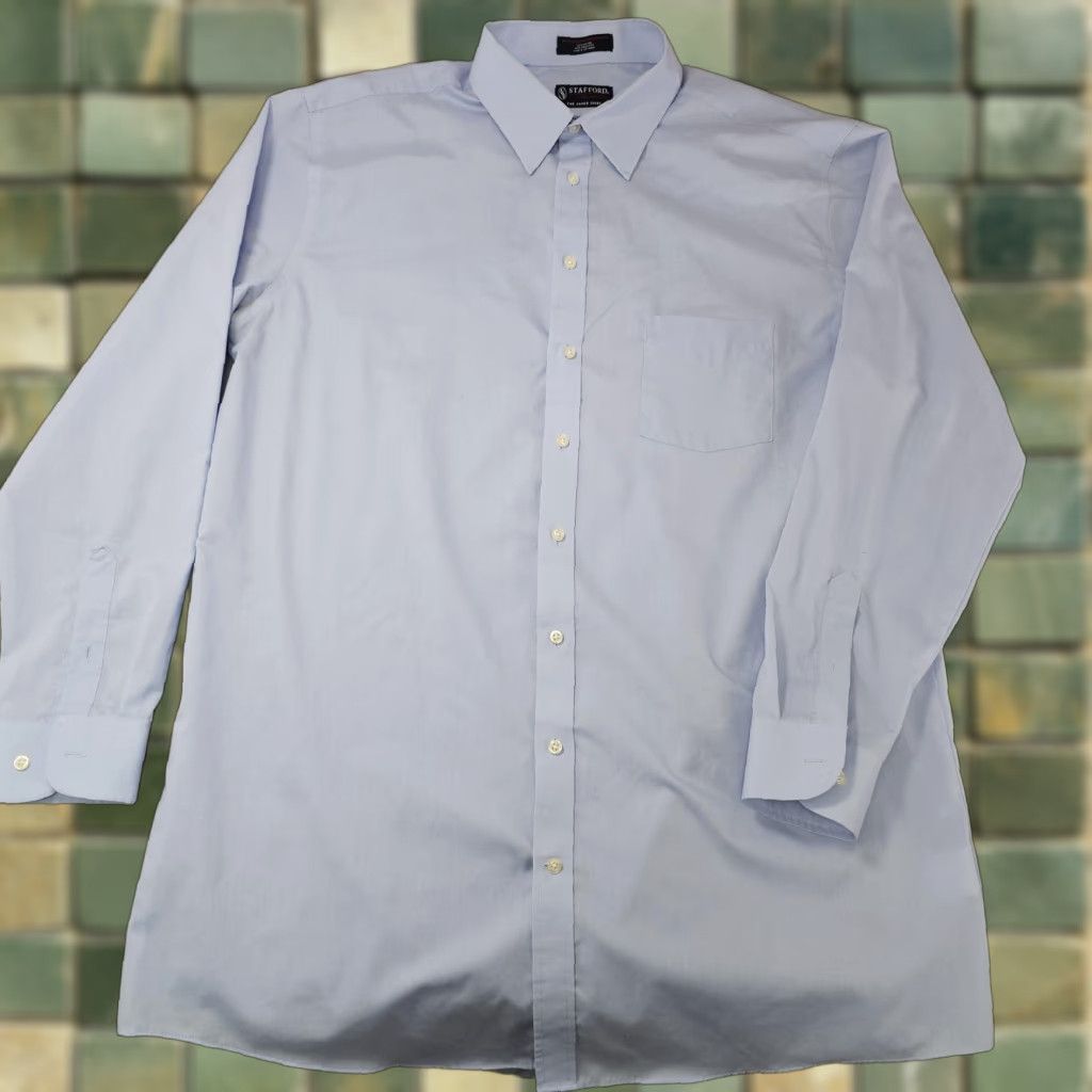 Stafford Stafford Dress Shirt Men 17.5 35-37 X-Tall Blue Performance Cotton Broadcloth Shirt Mens Big & Tall Size 48R - 1 Thumbnail
