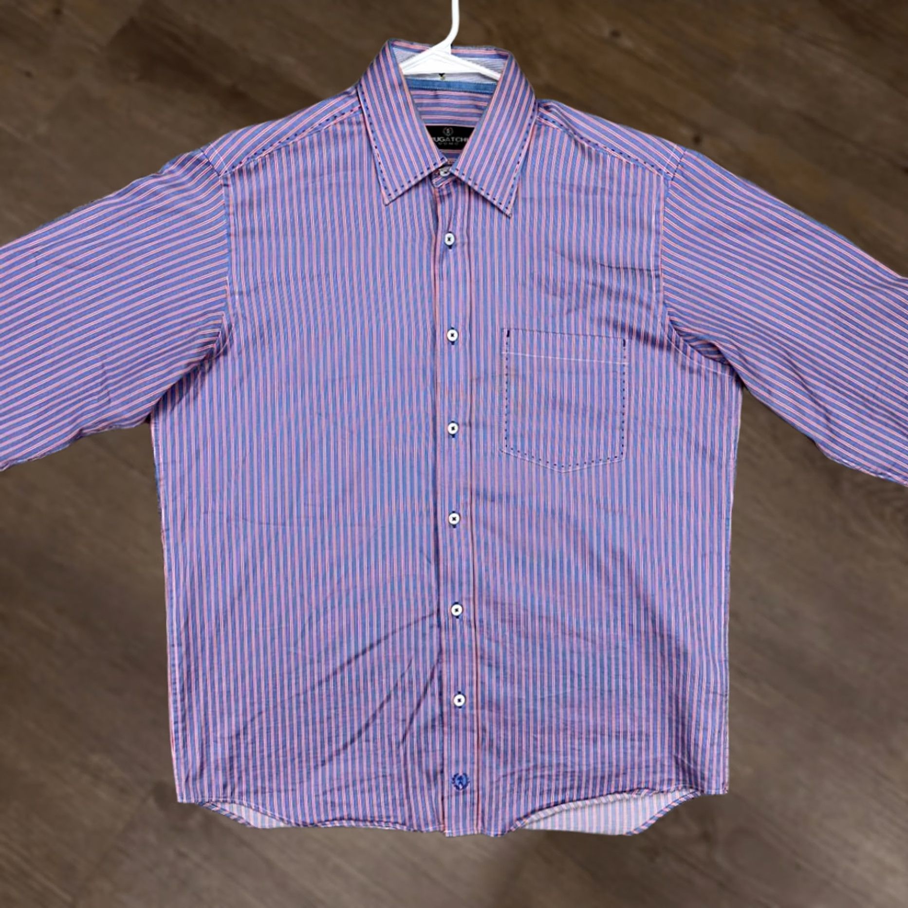BUGATCHI Bugatchi Uomo Dress Shirt Mens Medium Blue Stripes Button Up Pocket Short Sleeve? Size 40R - 1 Thumbnail