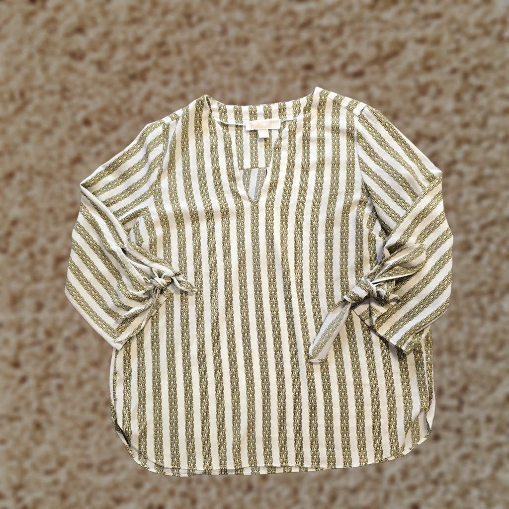 Michael Kors Michael Kors Top Womens Size L White Yellow Chain Link Texture V Neck Casual Blouse Regular Sleeve 3/4 Lightweight Polyester White Womens Size L / US 10 / IT 46 - 1 Thumbnail
