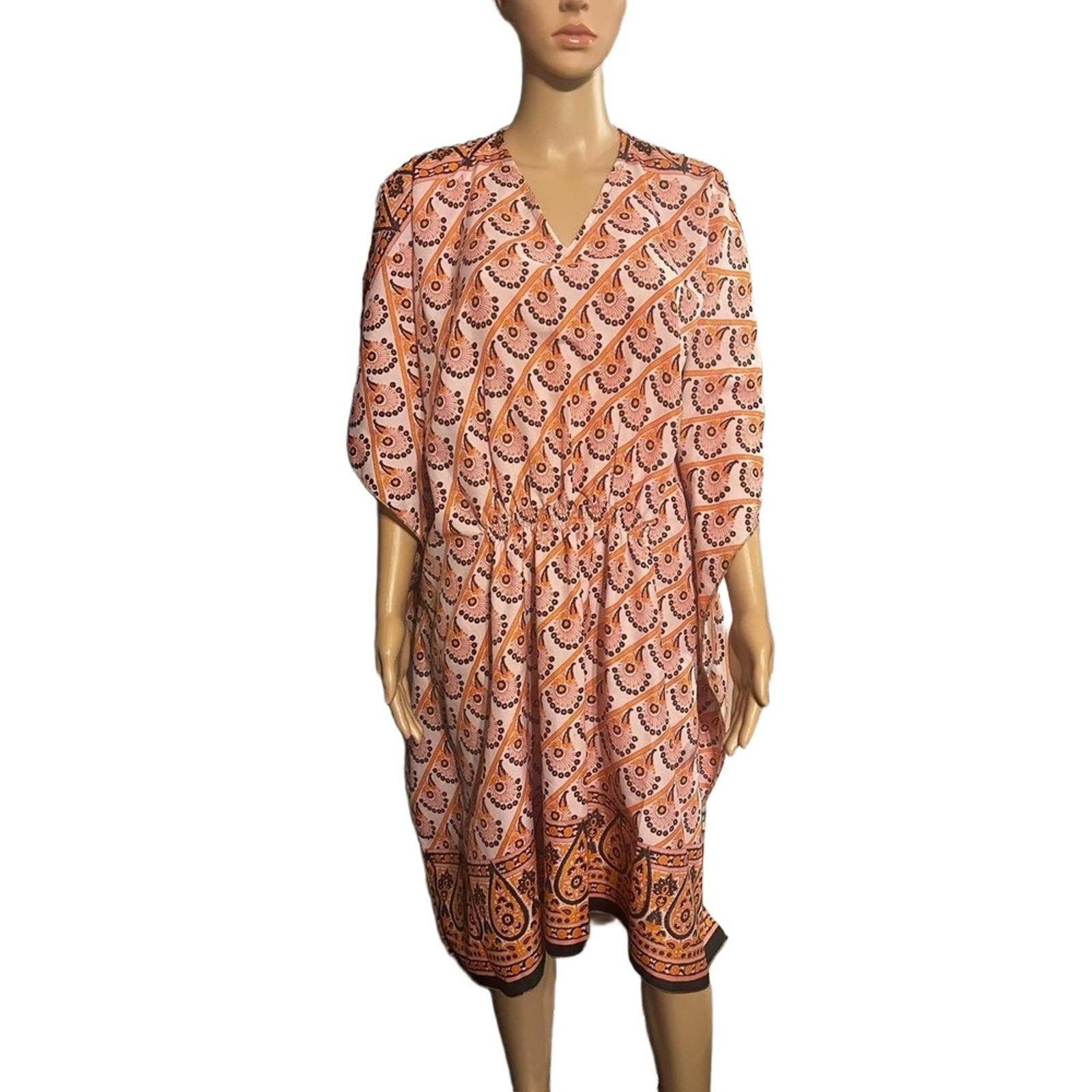Other Kaftan Dress OSFM Pink Orange Bohemian Elastic Cinch Flowy Size ONE SIZE - 3 Thumbnail