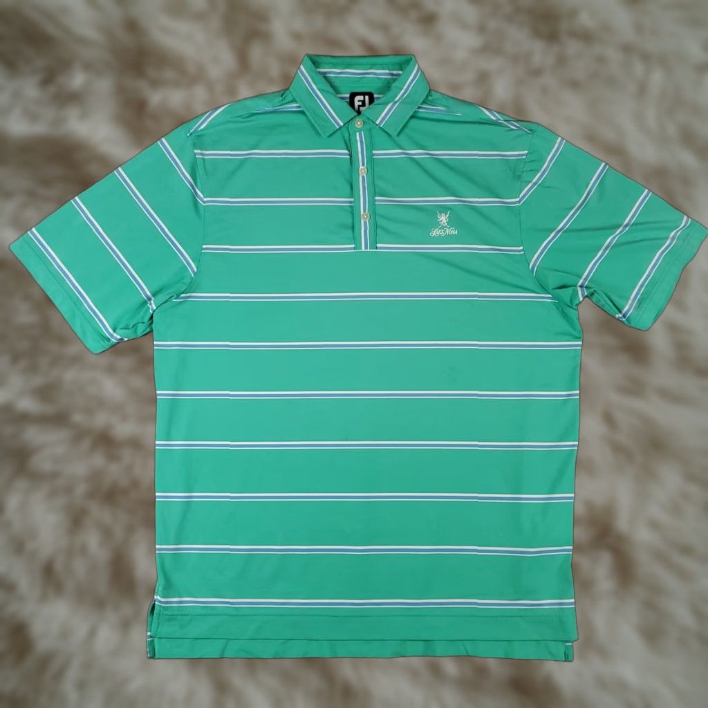 Footjoy FJ Polo Shirt Mens L Turquoise Blue Striped Short Sleeve Button Collar Logo Casual Golf Shirt Mens Size US L / EU 52-54 / 3 - 1 Thumbnail