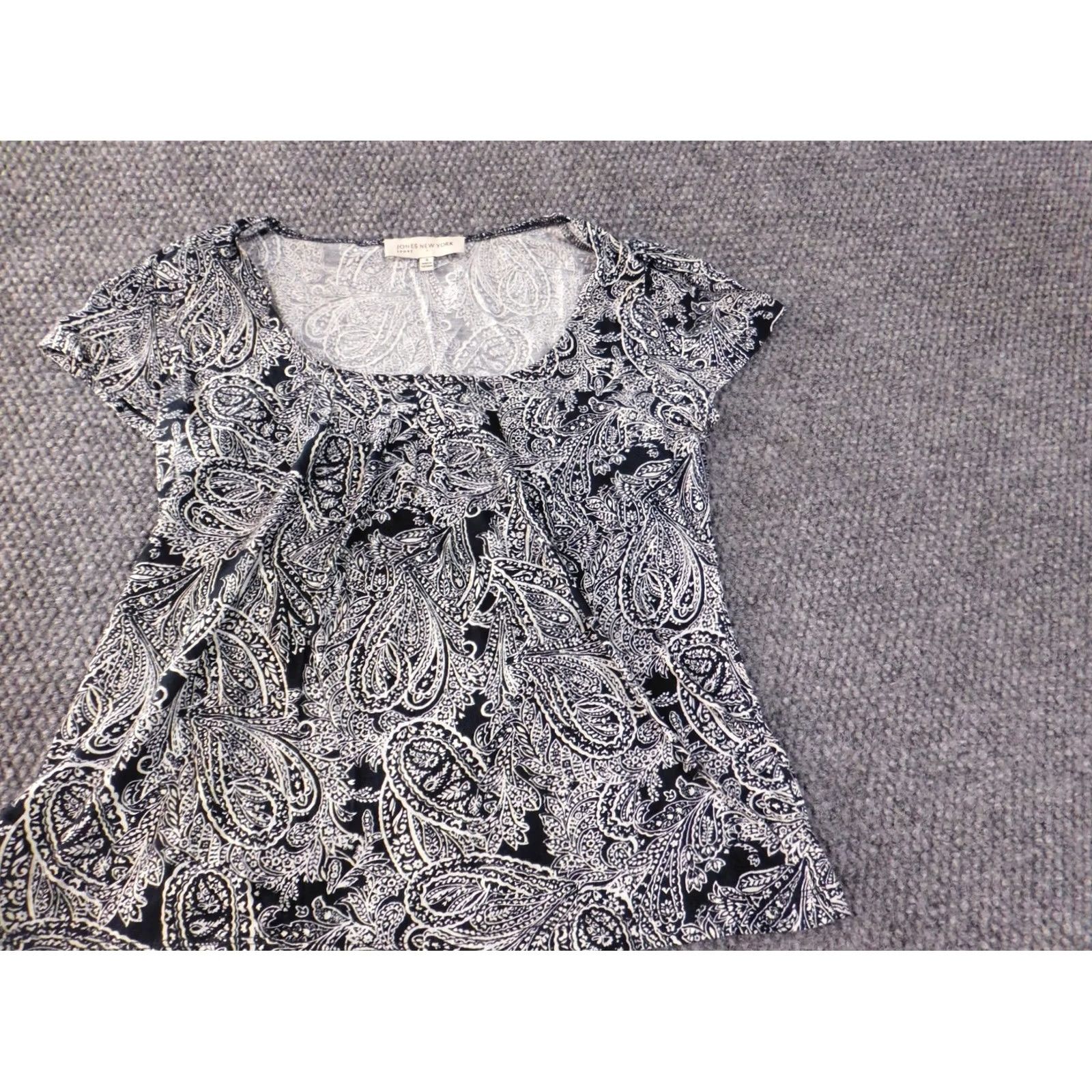 Jones New York Jones New York Blouse Womens S Black Paisley Cotton Rayon Pullover Cap Sleeve Round Neck Casual Basic Classic Stretch Size S / US 4 / IT 40 - 3 Thumbnail