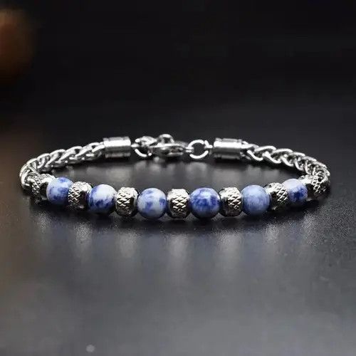 Handmade 6mm Blue Stone Beads Stainless Steel Bracelet Size ONE SIZE - 1 Thumbnail