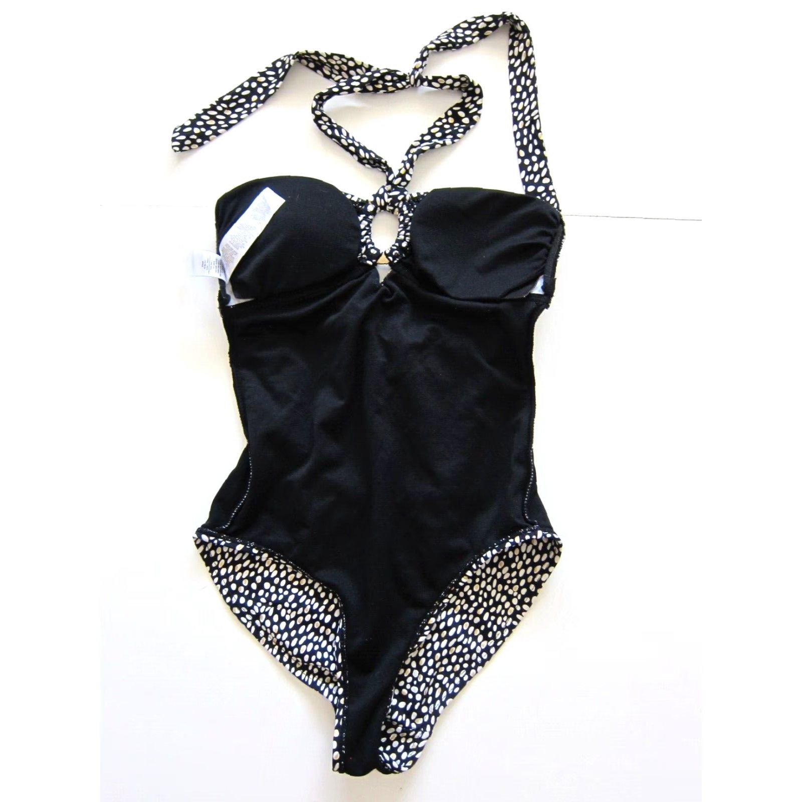 Vintage Atmosphere One Piece Halter Swimsuit Women 2 Black Polka Dot Built-In Bra Size ONE SIZE - 8 Thumbnail