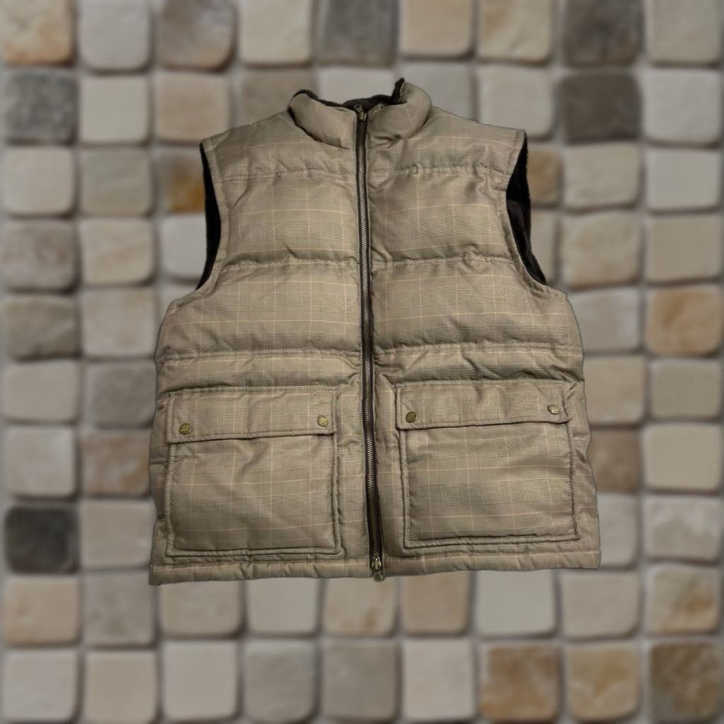 Tommy Hilfiger Puffer Vest Mens XL Brown Glen Plaid Faux Fur Full Zip Sleeveless Vest