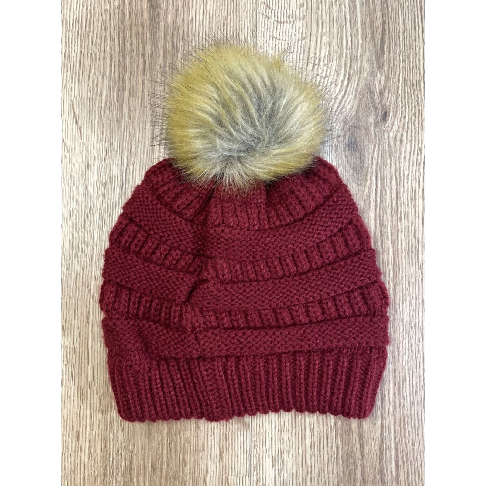 Vintage C.C. Solid Ribbed Beanie with Fur Pom Pom Women One Size Burgundy Red Size ONE SIZE - 2 Thumbnail