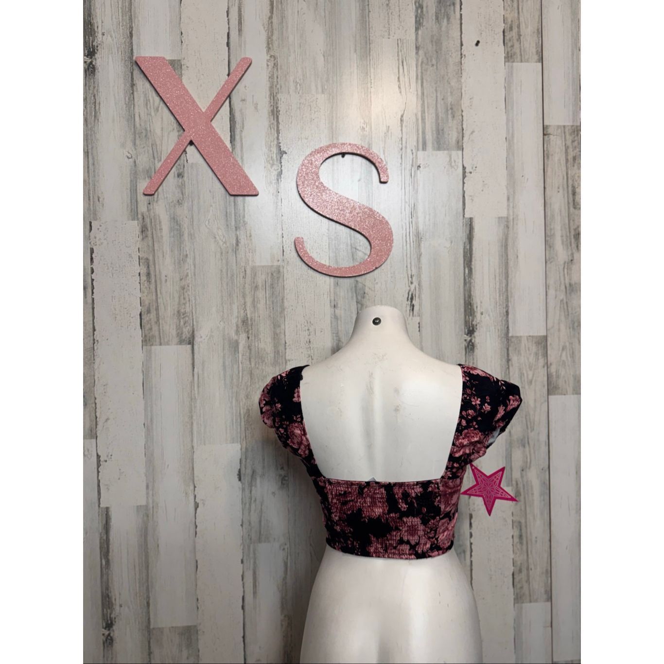Melrose XS Black Pink Floral Corset Crop Top Puff Sleeve Hook-Front Size XS / US 0-2 / IT 36-38 - 3 Thumbnail