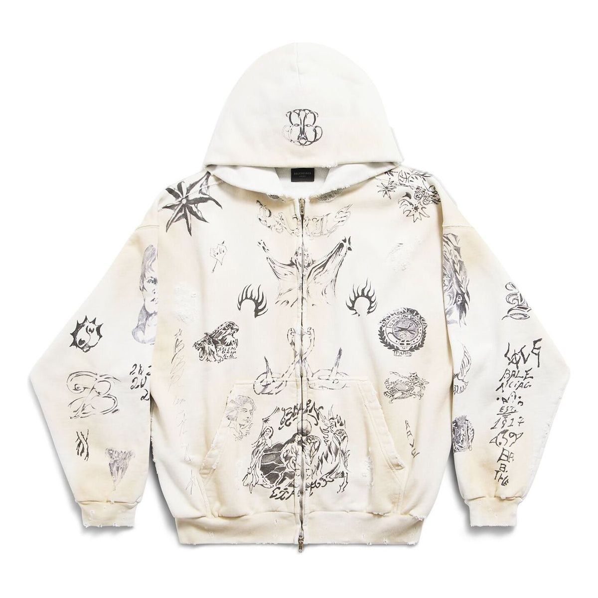 Balenciaga Tat Tattoo Printed Distressed Cotton-jersey Zip-up Hoodie In Off White Black Size US L / EU 52-54 / 3 - 1 Thumbnail