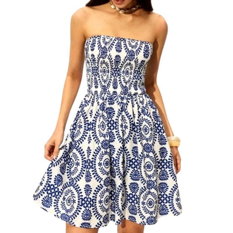 Other Blue White Strapless Floral Collarless Mini Woven Dress Size M / US 6-8 / IT 42-44 - 4 Thumbnail