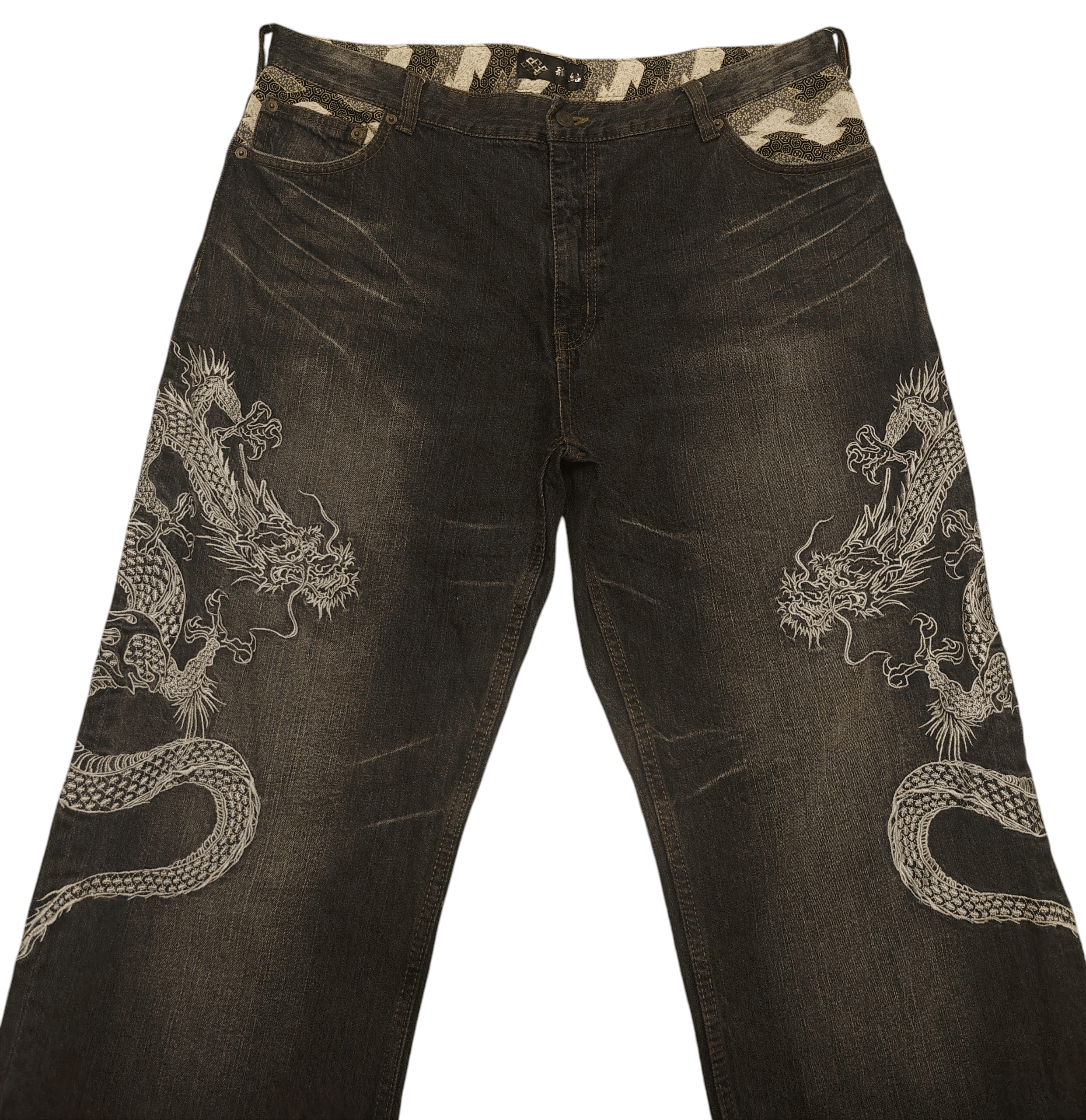 Karakuri Tamashii Rare Japanese Karakuri Embroidered Dragon Baggy Jeans Size US 39 - 3 Thumbnail