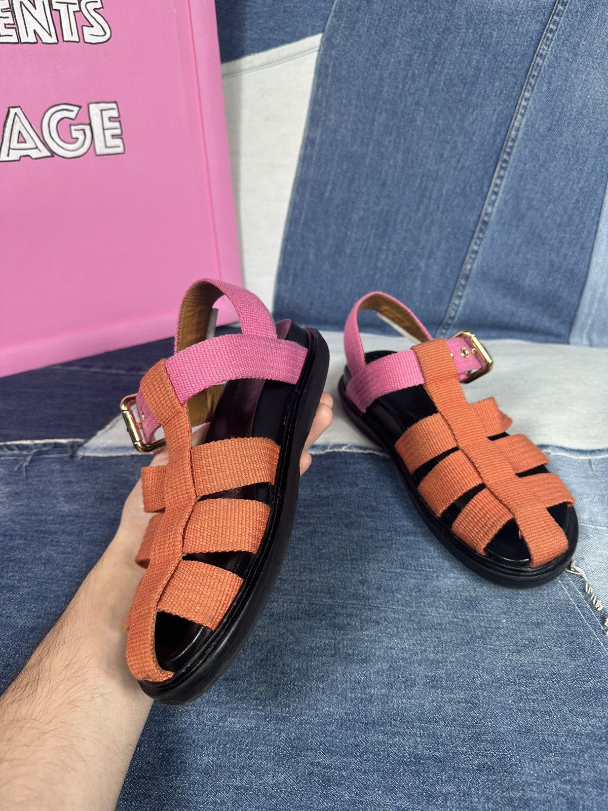 Marni Marni Orange & Pink Fisherman Sandals Canvas Straps Leather Size US 7 / IT 37 - 8 Thumbnail