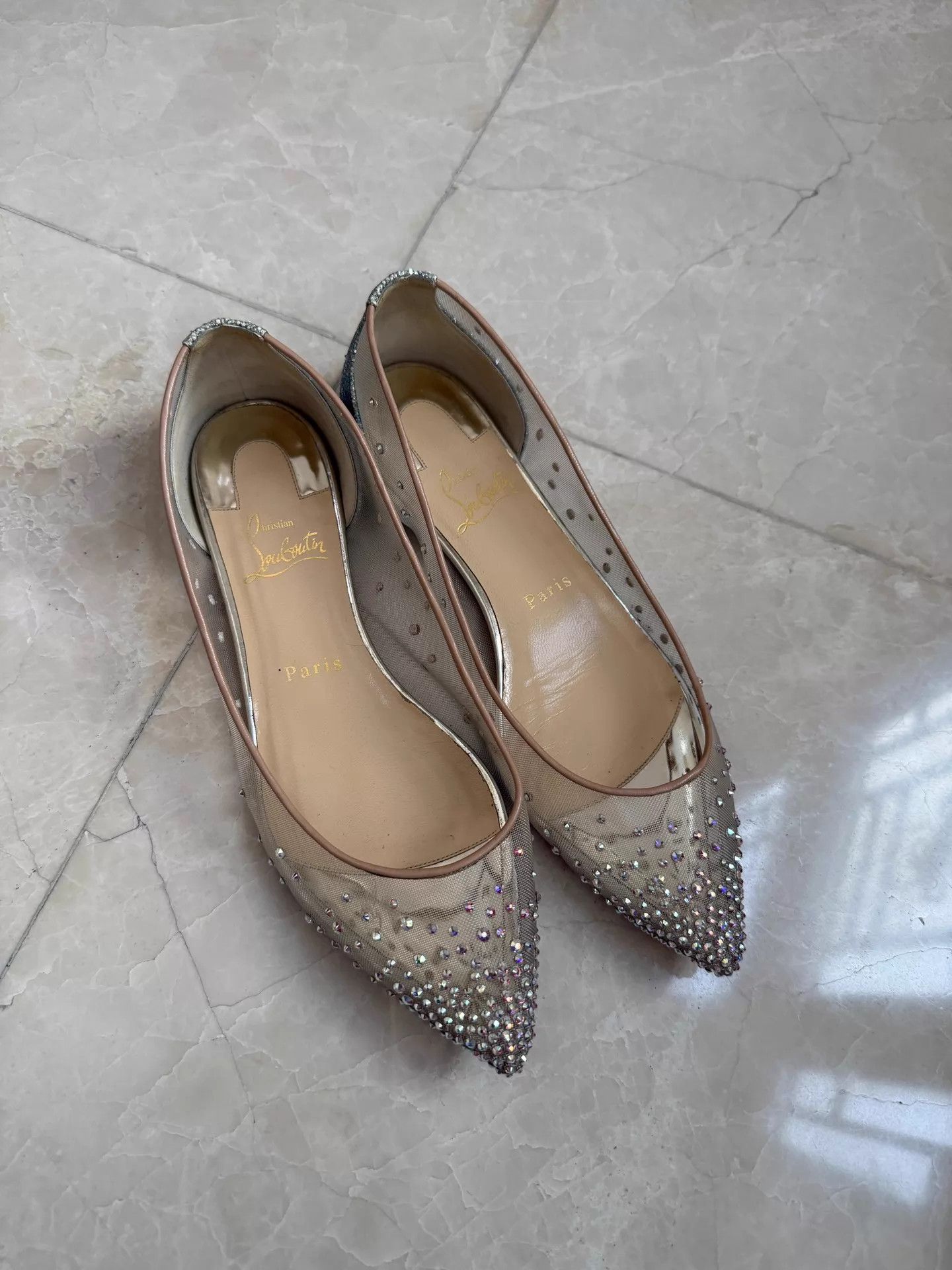 Christian Louboutin CL Wmns Nude Pointed Toe Tulle Crystal Flats 38 (Worn 1-2x) Size US 7.5 / IT 37.5 - 2 Thumbnail