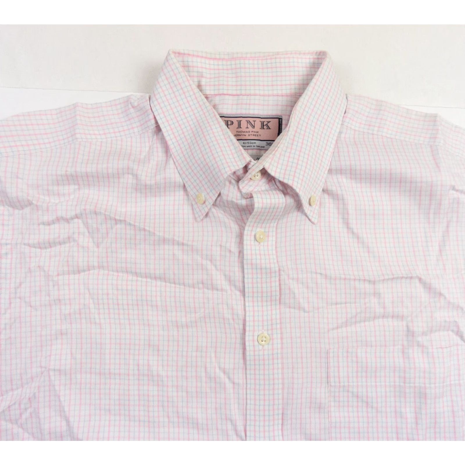 Pinko Thomas Pink Shirt Mens 16/36.5 Button-Up Long Sleeve Dress Shirt Pink Cotton Check Traveller Mens Size 42R - 2 Thumbnail